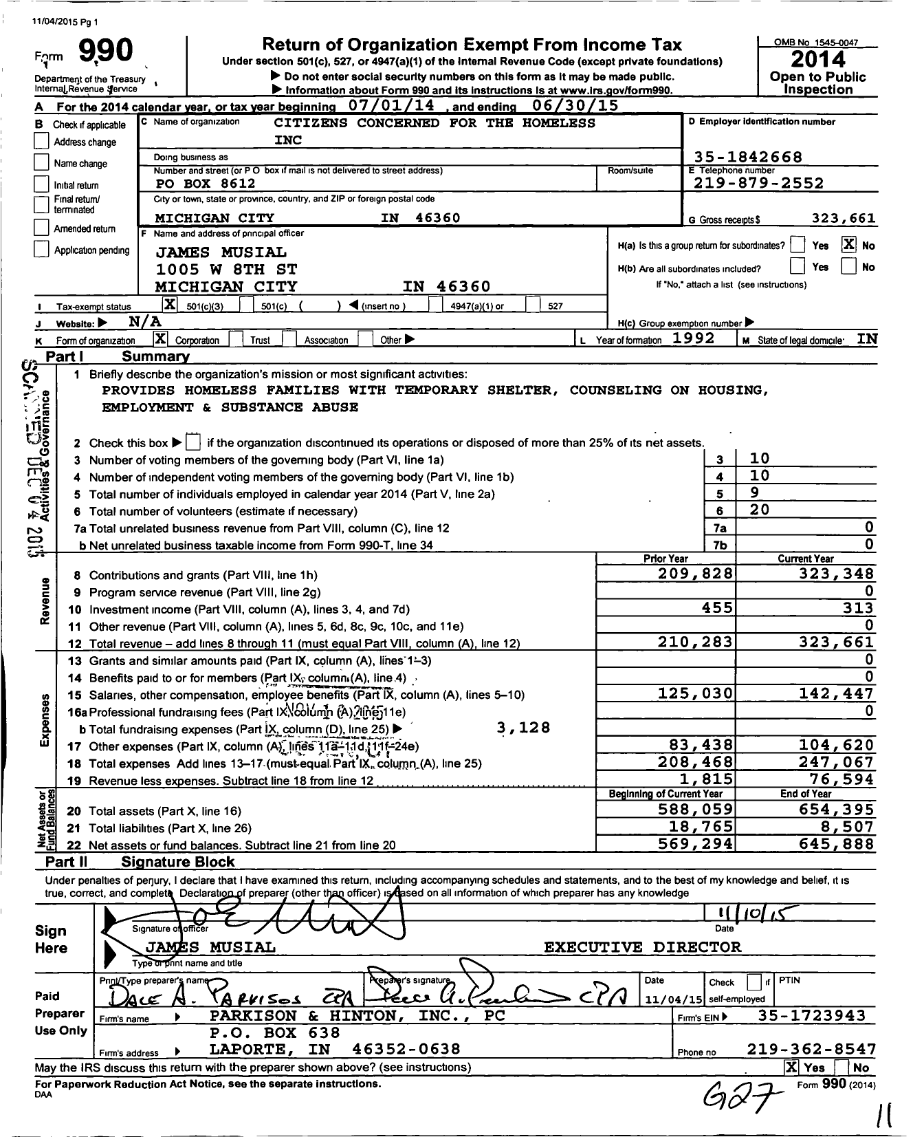 Image of first page of 2014 Form 990 for Citizens Concerned for the Homeless