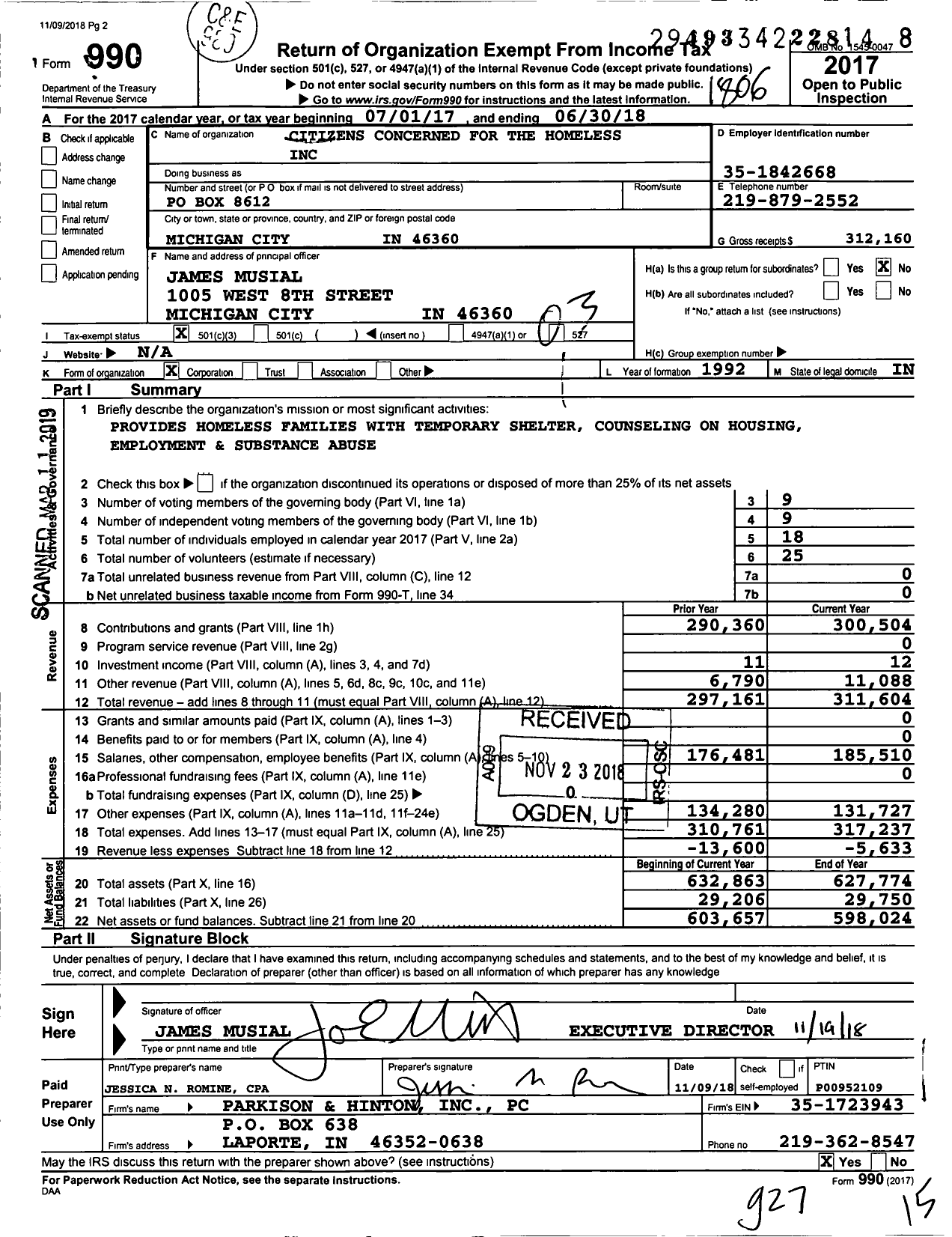 Image of first page of 2017 Form 990 for Citizens Concerned for the Homeless