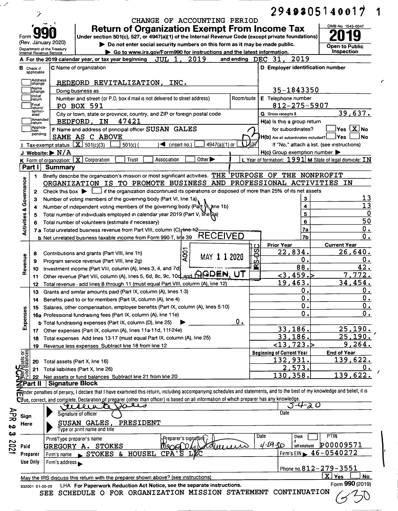 Image of first page of 2019 Form 990 for Bedford Revitalization