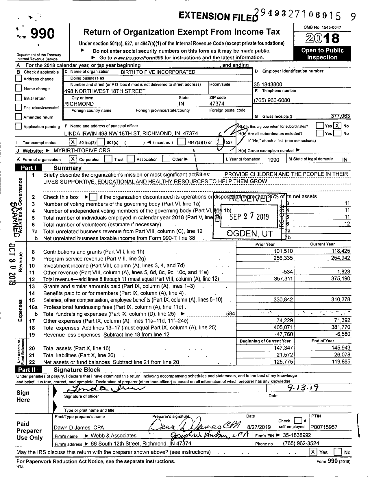 Image of first page of 2018 Form 990 for BIRTH TO FIVE Incorporated