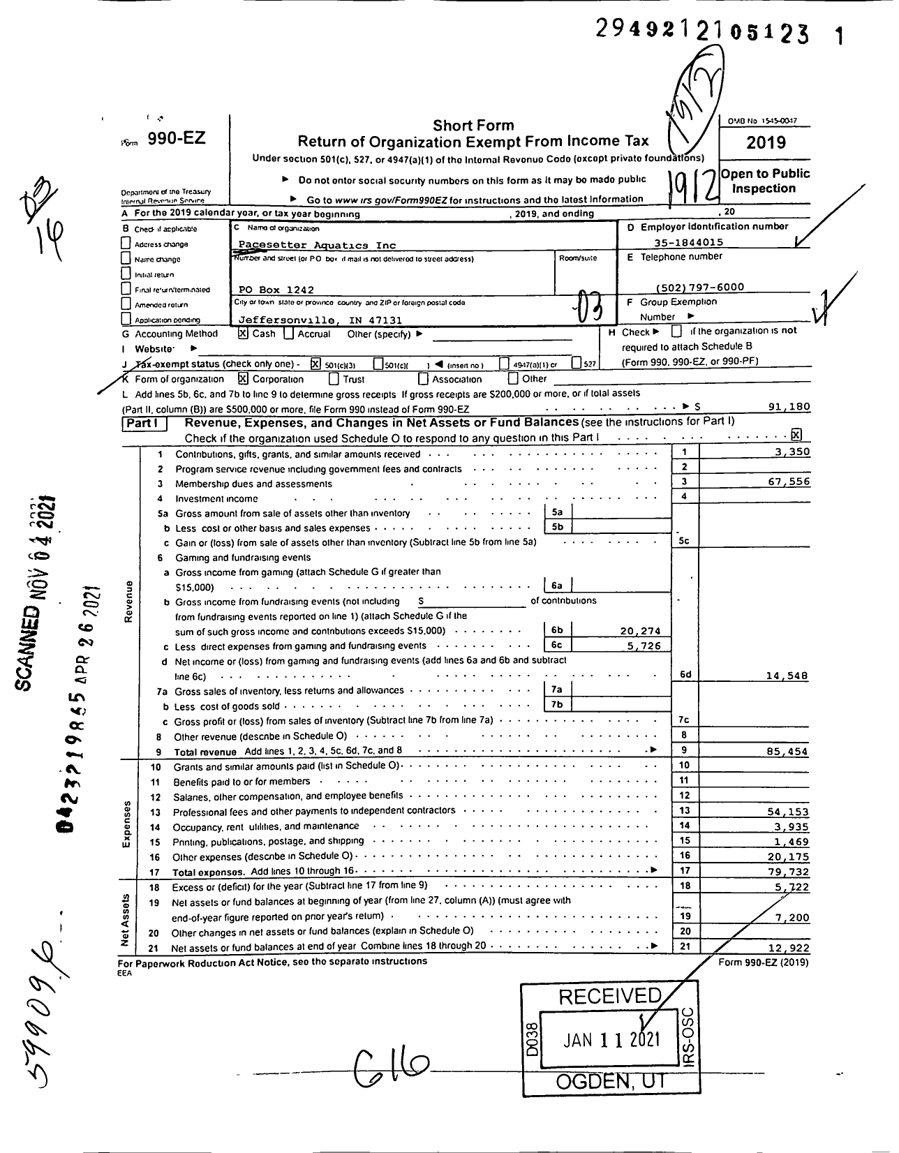 Image of first page of 2019 Form 990EZ for Pacesetter Aquatics