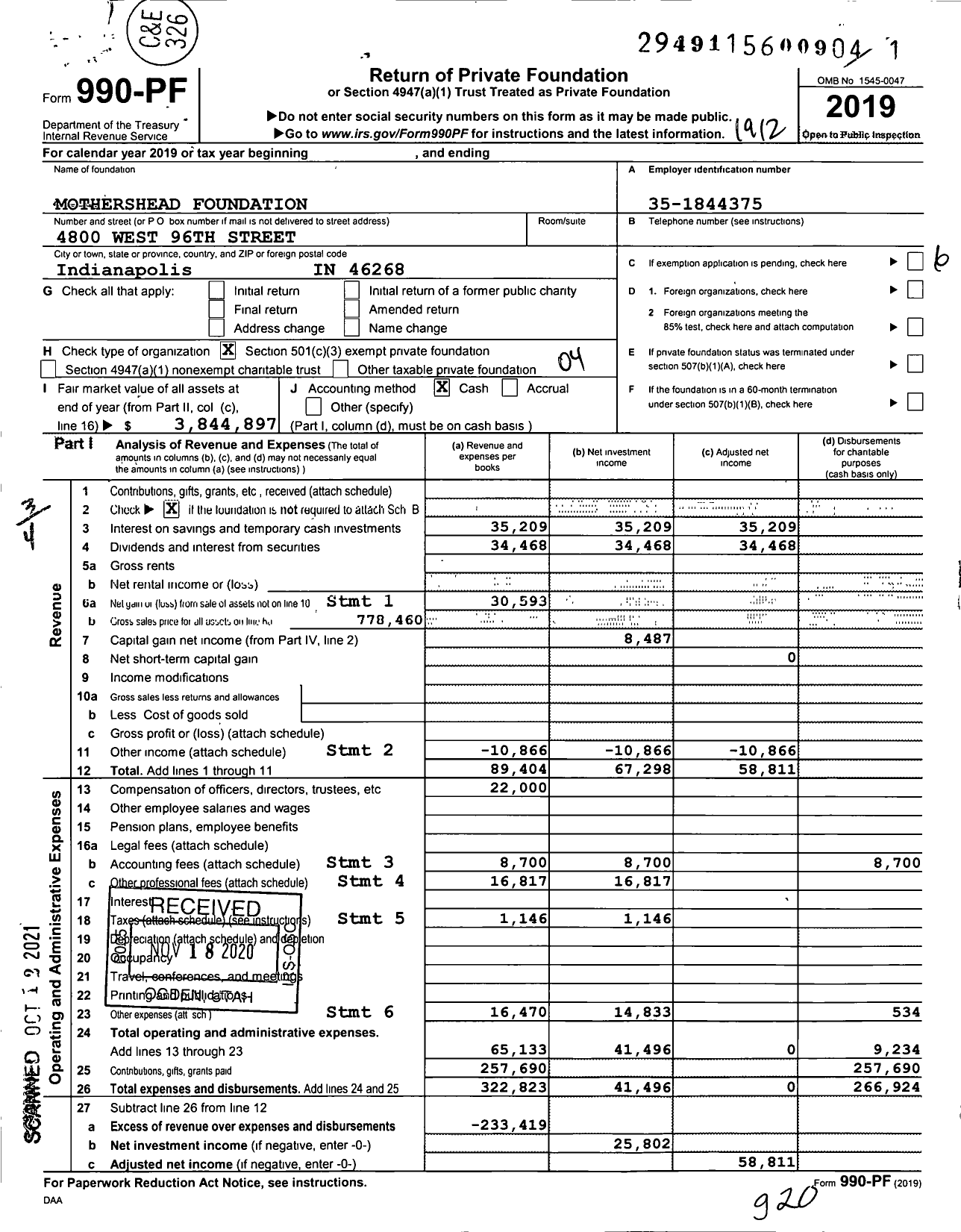 Image of first page of 2019 Form 990PF for Mothershead Foundation