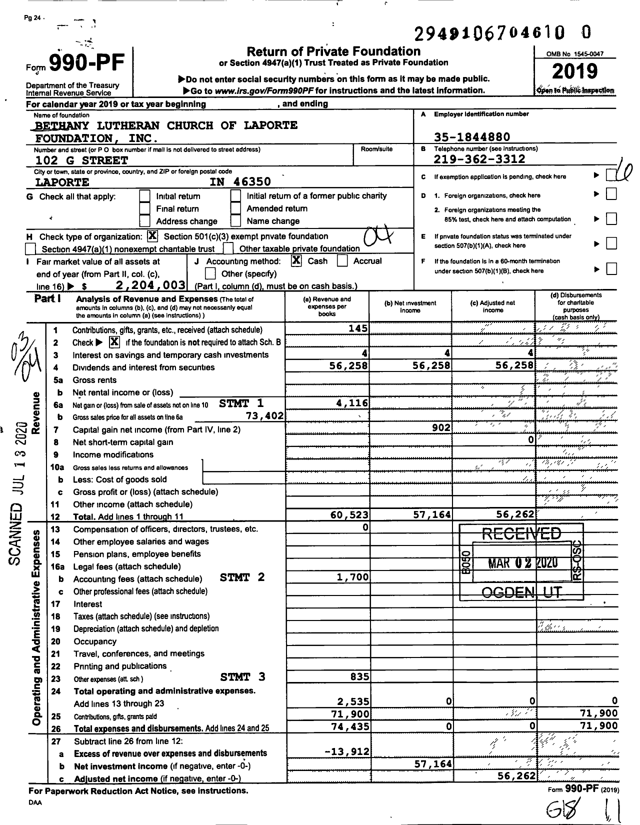Image of first page of 2019 Form 990PR for Bethany Lutheran Church of Laporte Foundation