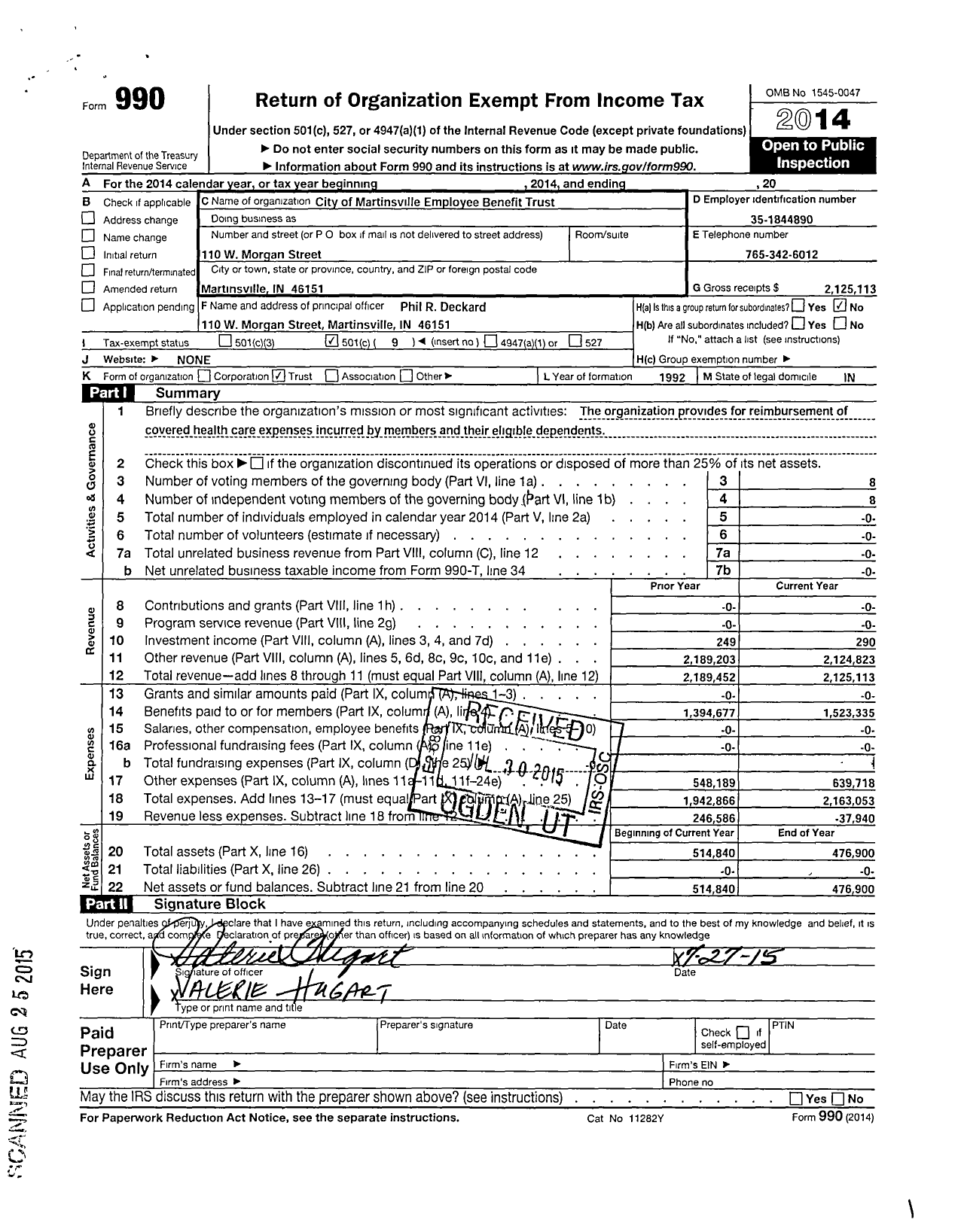Image of first page of 2014 Form 990O for City of Martinsville Employee Benefit Trust