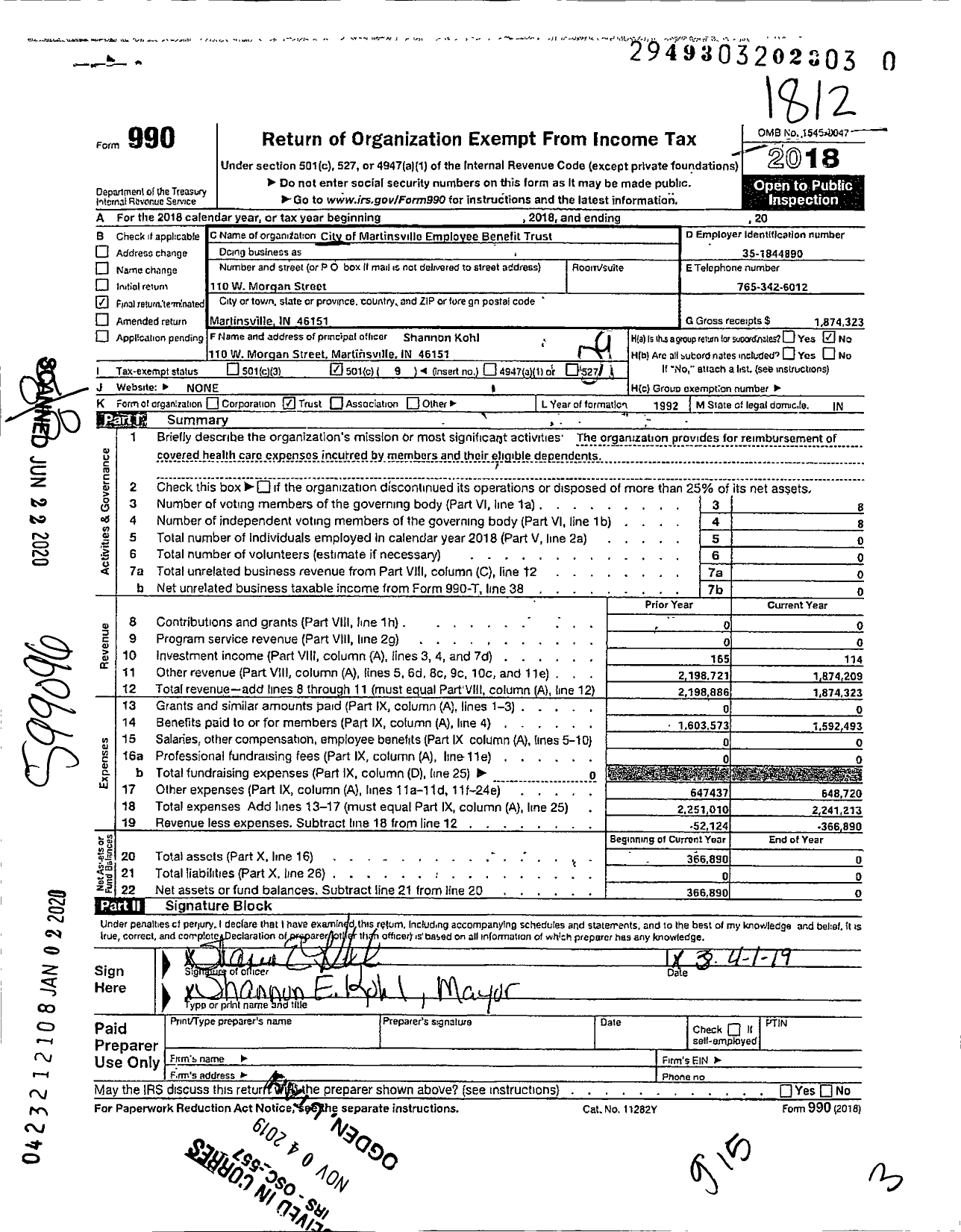 Image of first page of 2018 Form 990O for City of Martinsville Employee Benefit Trust