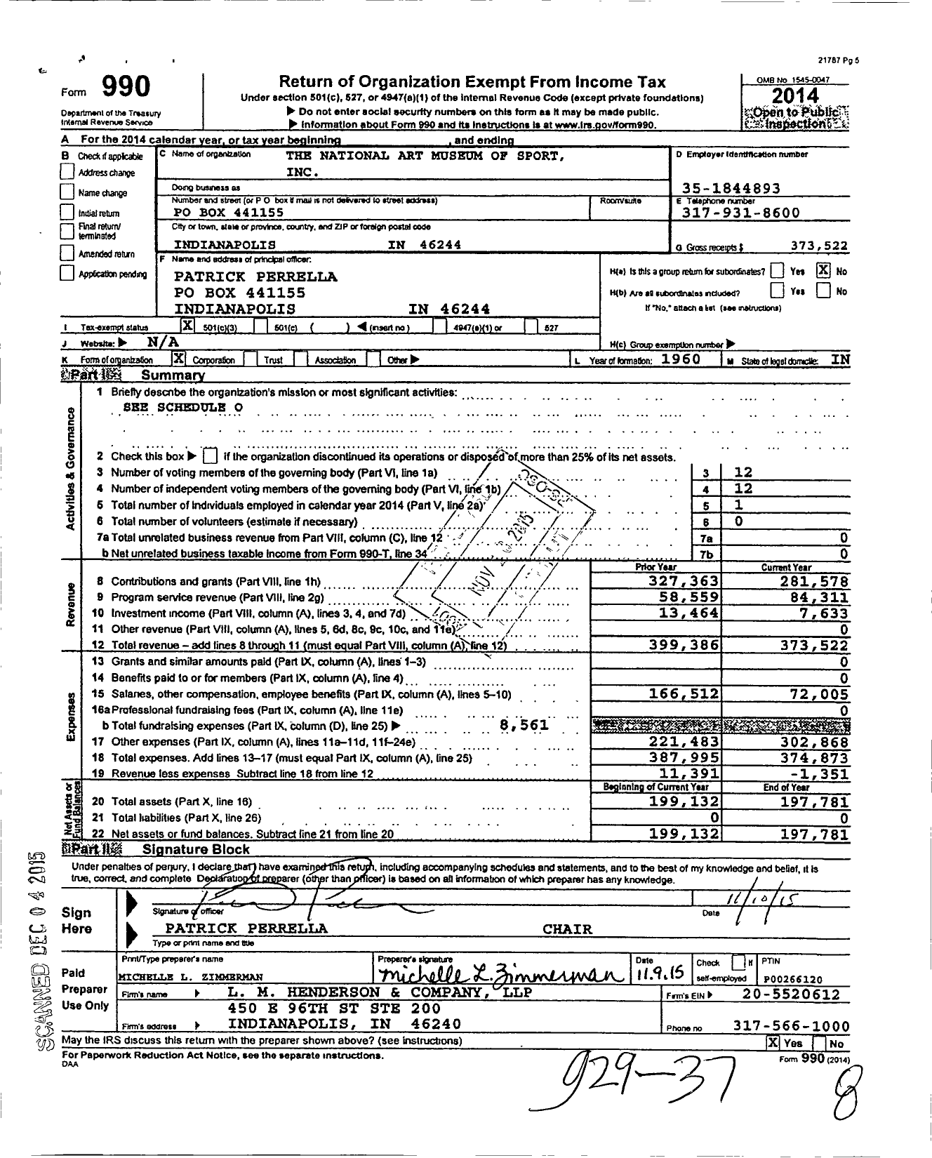 Image of first page of 2014 Form 990 for The National Art Museum of Sport