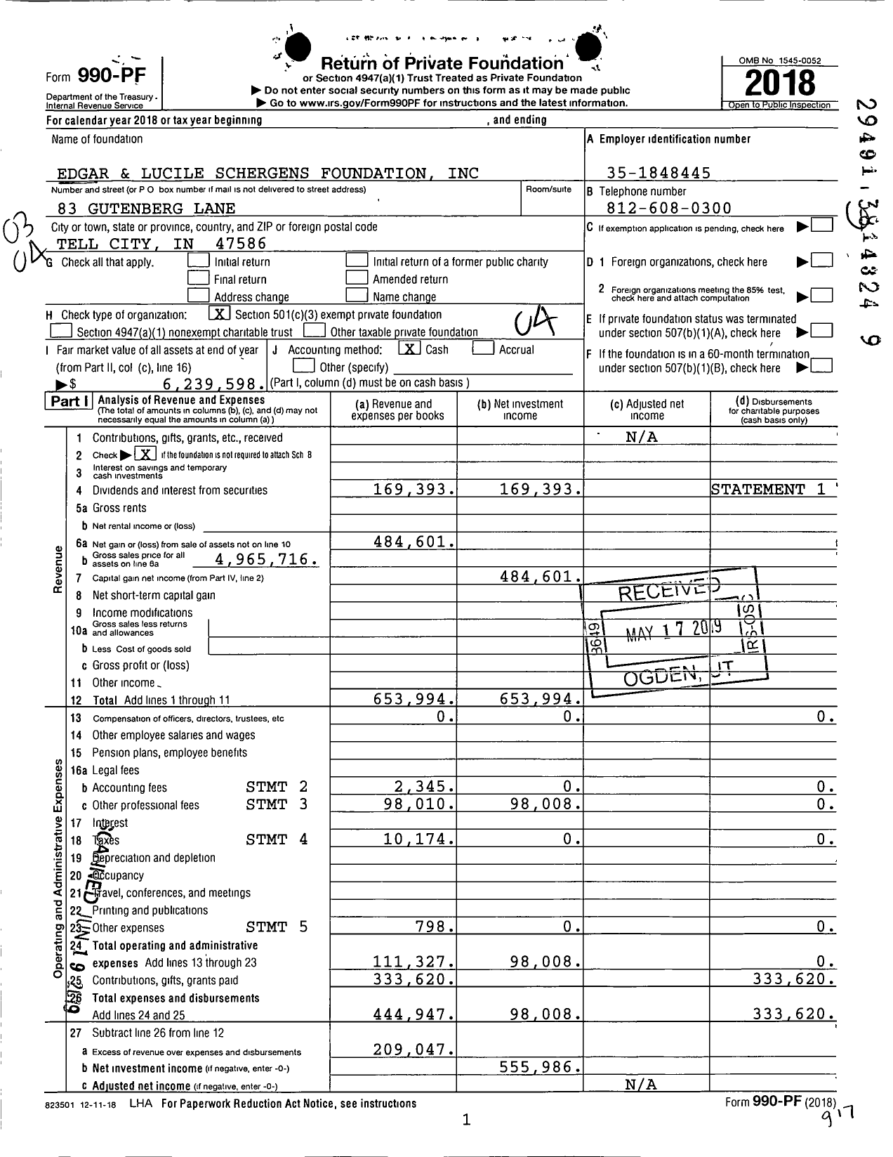 Image of first page of 2018 Form 990PF for Edgar and Lucile Schergens Foundation