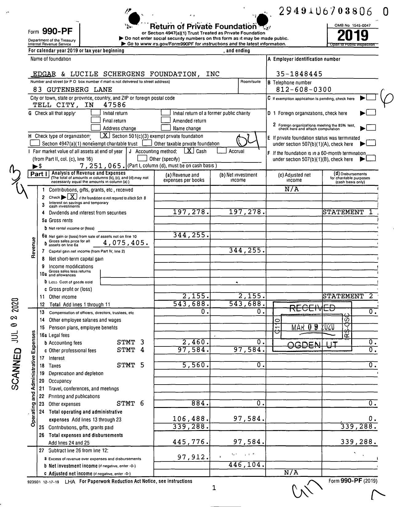 Image of first page of 2019 Form 990PR for Edgar and Lucile Schergens Foundation