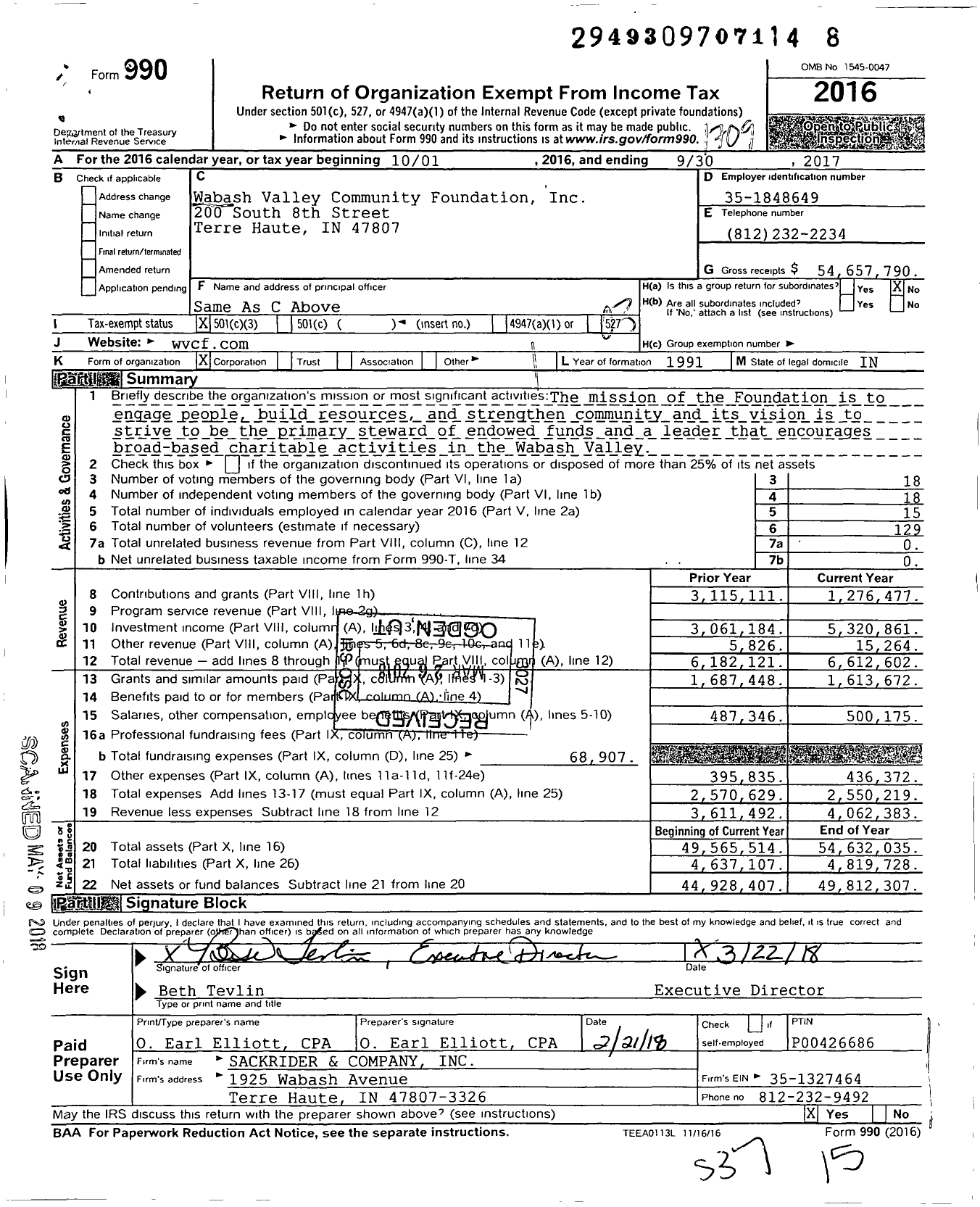Image of first page of 2016 Form 990 for Wabash Valley Community Foundation (WVCF)