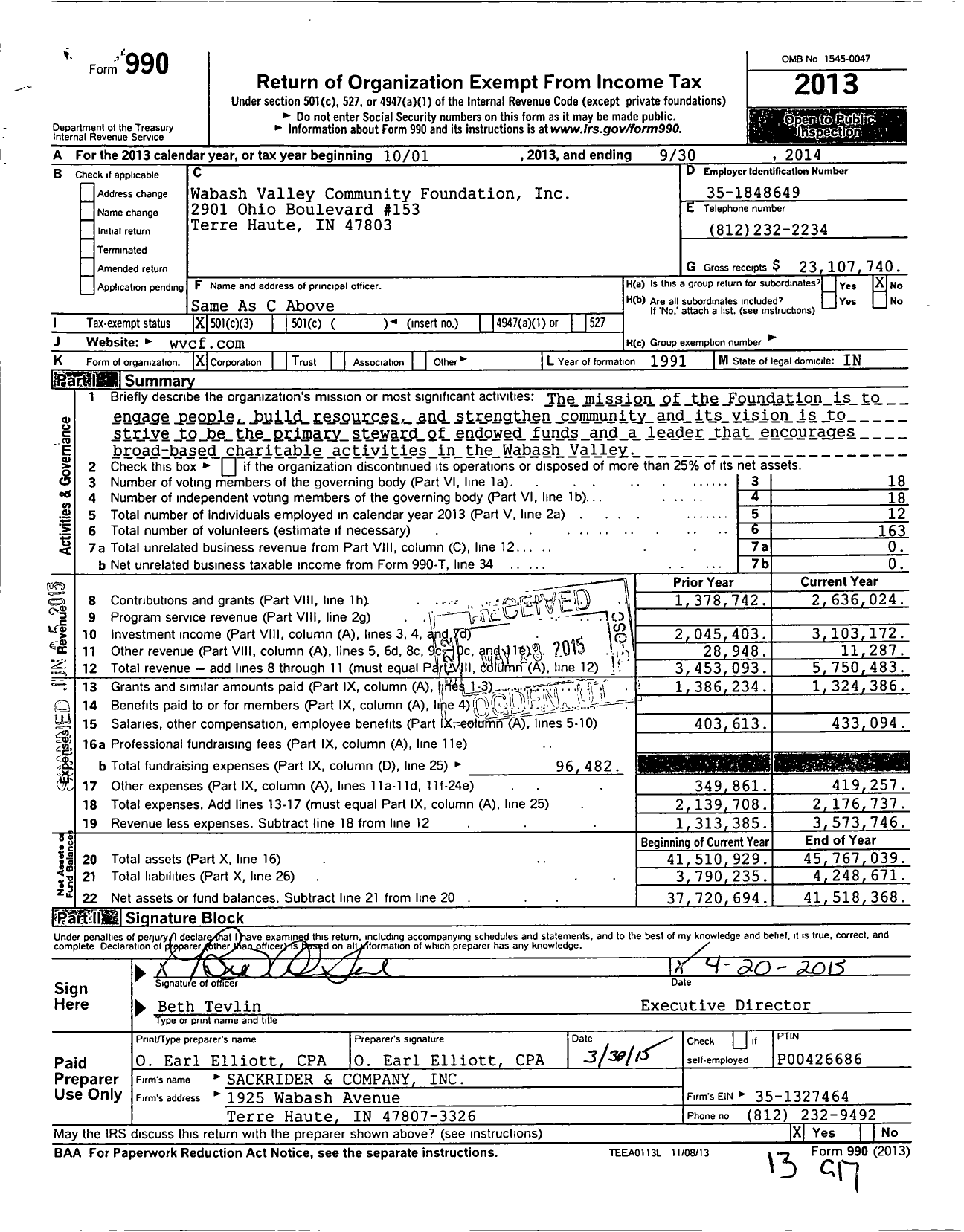 Image of first page of 2013 Form 990 for Wabash Valley Community Foundation (WVCF)