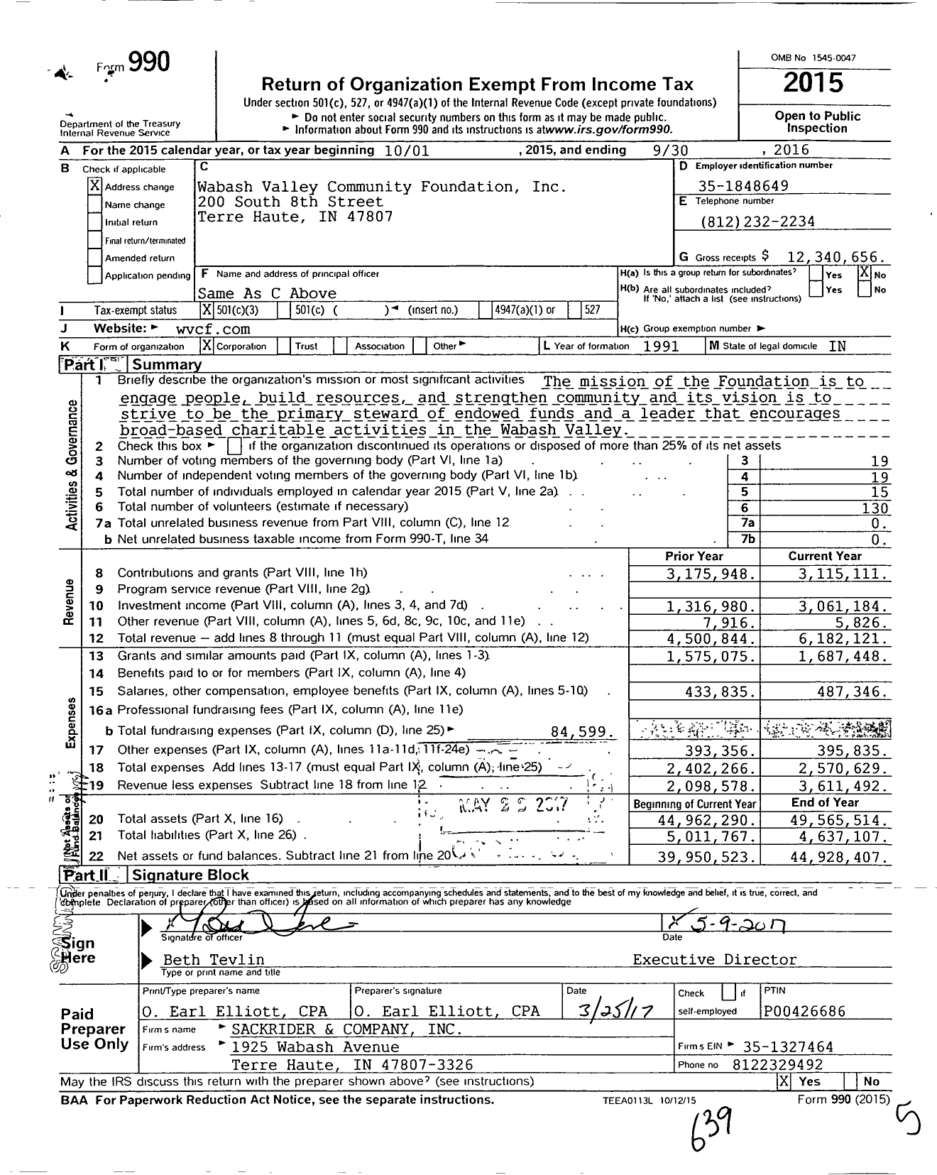 Image of first page of 2015 Form 990 for Wabash Valley Community Foundation (WVCF)