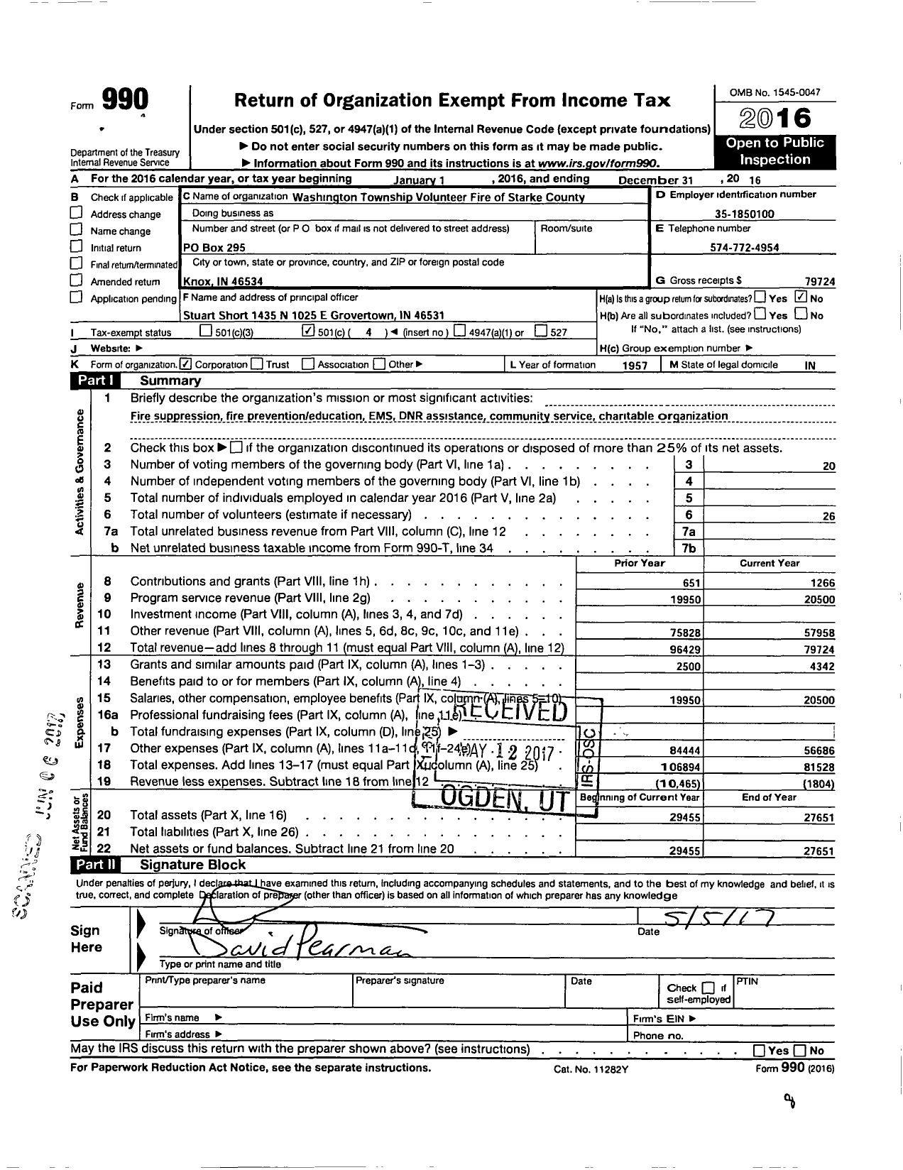 Image of first page of 2016 Form 990O for Washington Township Volunteer Fire Department of Starke County
