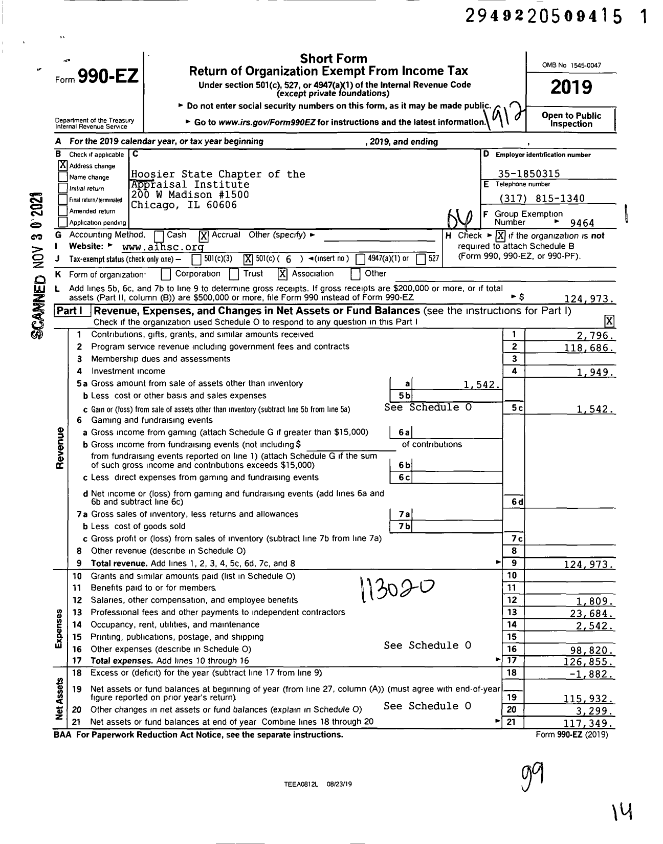 Image of first page of 2019 Form 990EO for Hoosier State Chapter of the Appraisal Institute