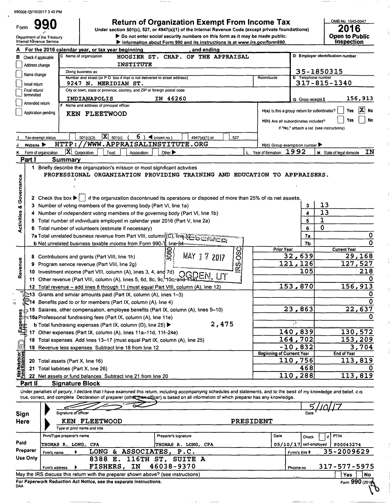 Image of first page of 2016 Form 990O for Hoosier State Chapter of the Appraisal Institute