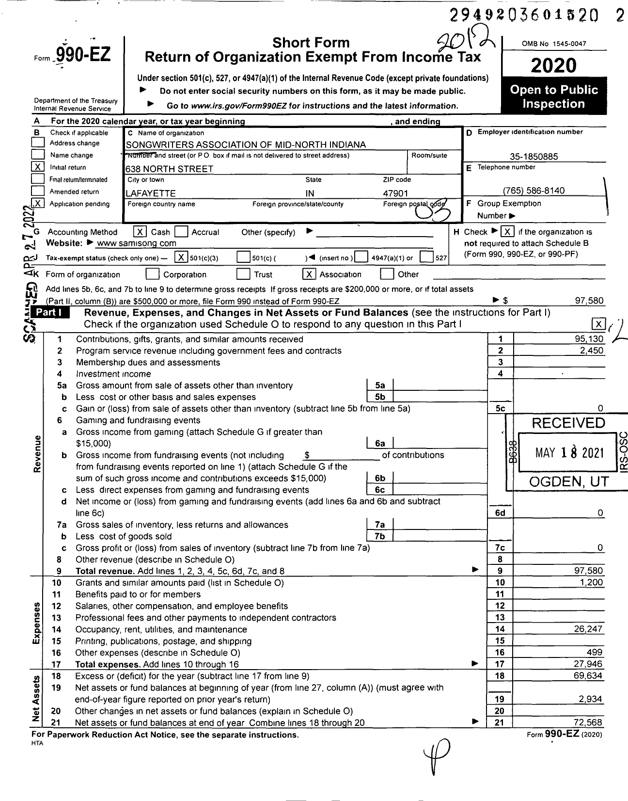 Image of first page of 2020 Form 990EZ for Songwriters Association of Mid-North Indiana