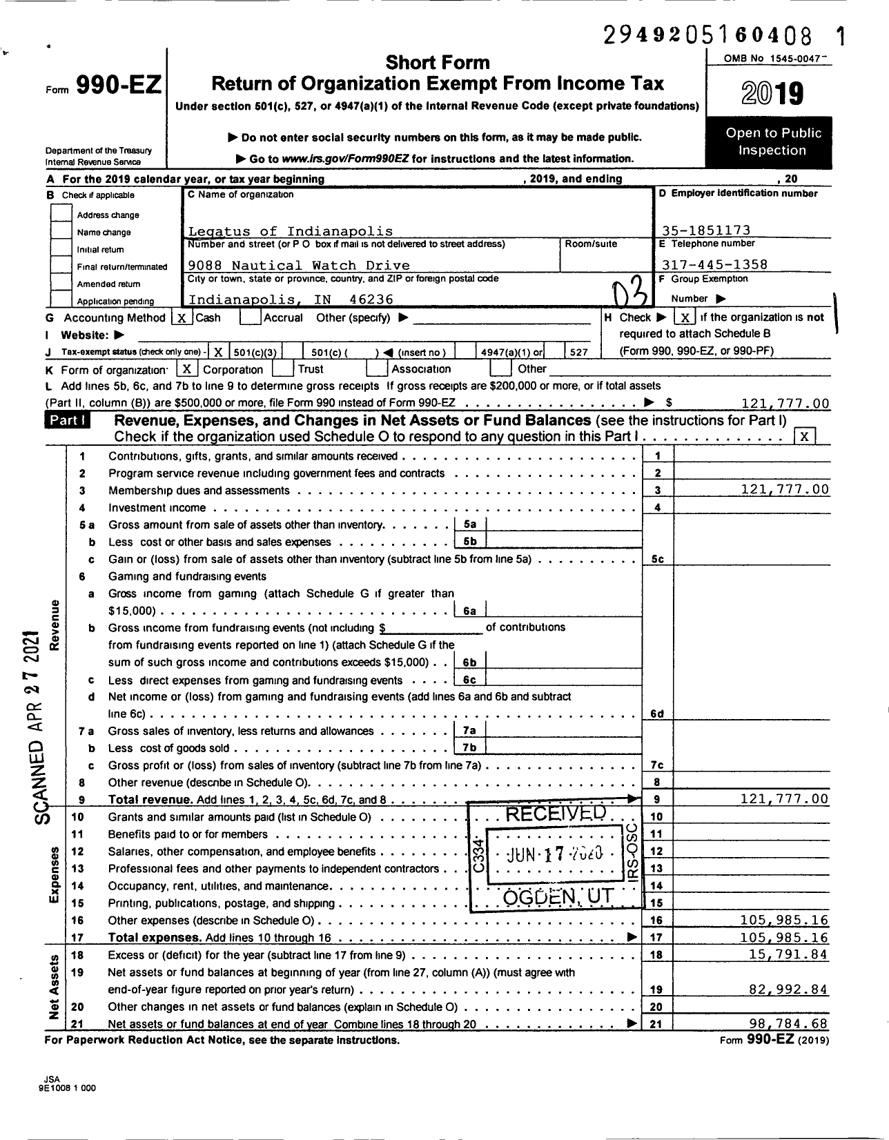 Image of first page of 2019 Form 990EZ for Legatus of Indianapolis