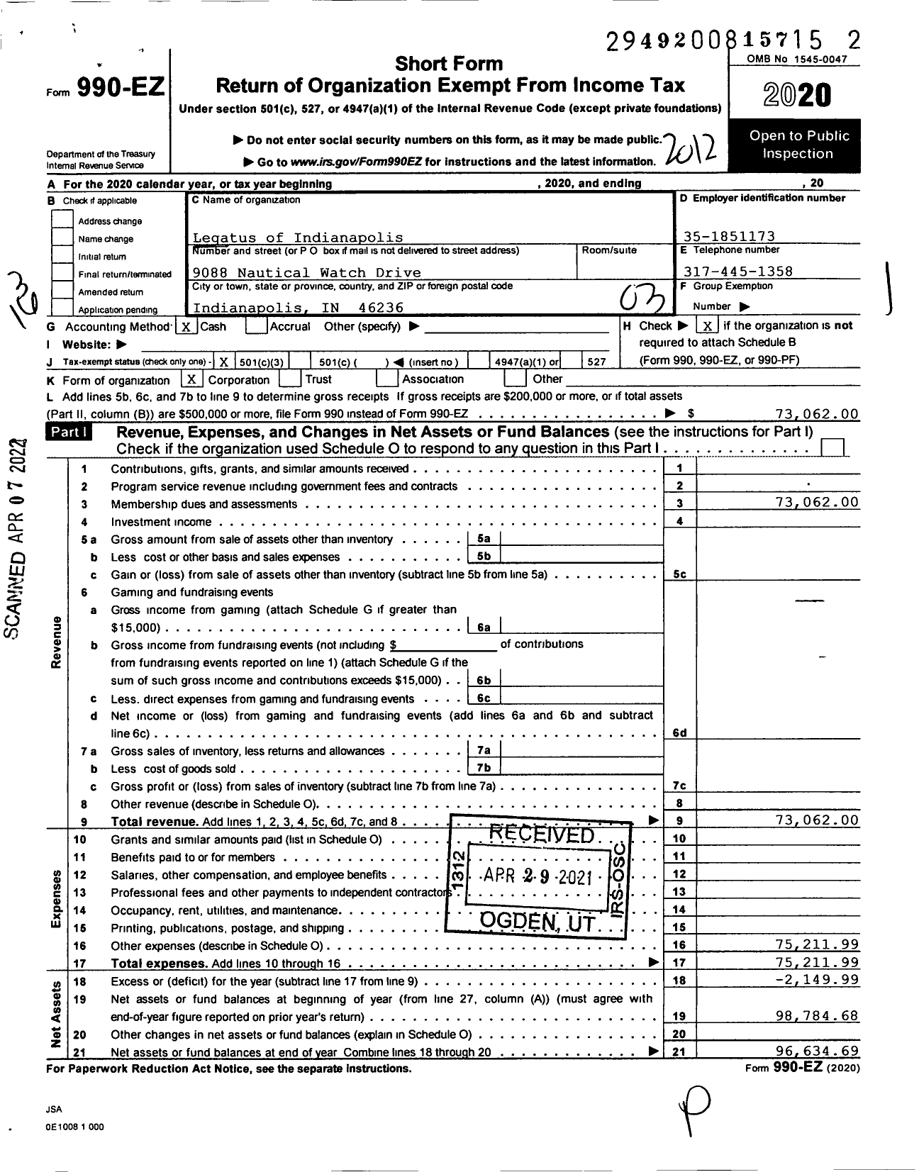 Image of first page of 2020 Form 990EZ for Legatus of Indianapolis