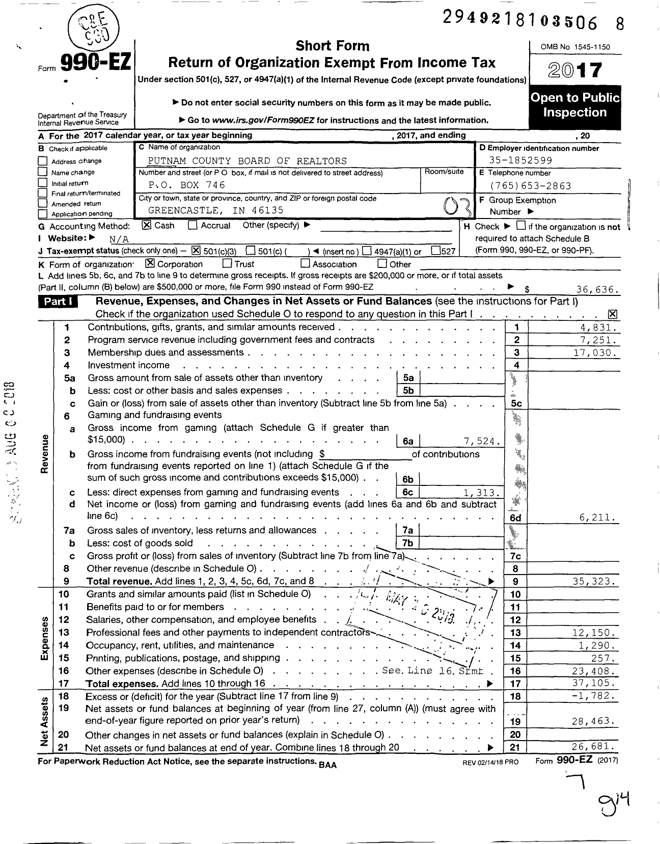 Image of first page of 2017 Form 990EZ for Putnam County Board of Realtors