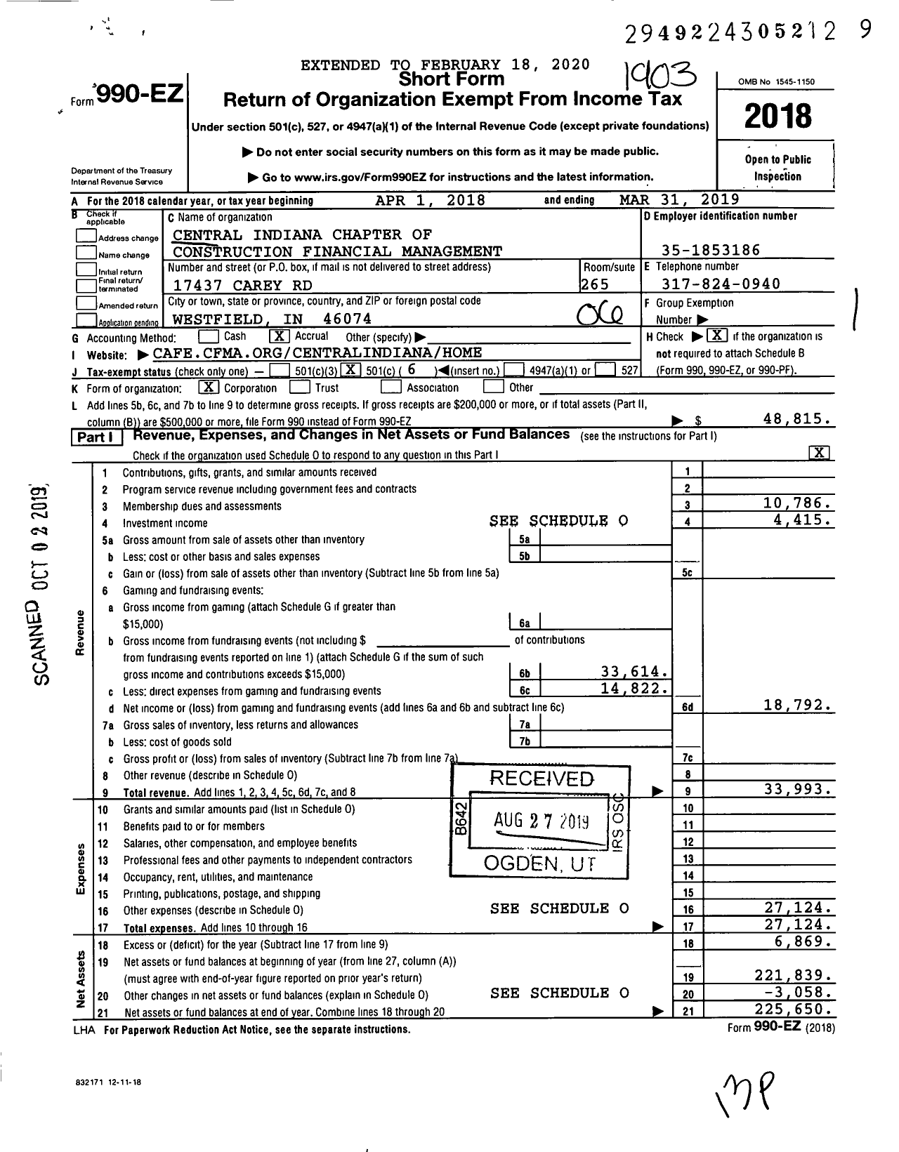 Image of first page of 2018 Form 990EO for Central Indiana Chapter of Construction Financial Management