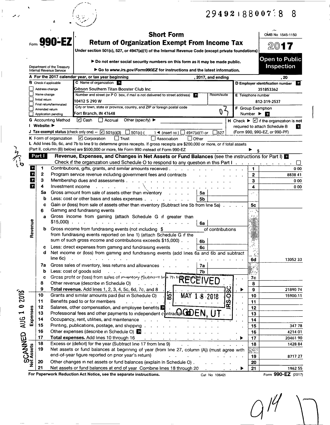 Image of first page of 2017 Form 990EZ for Gibson Southern Titan Boosters