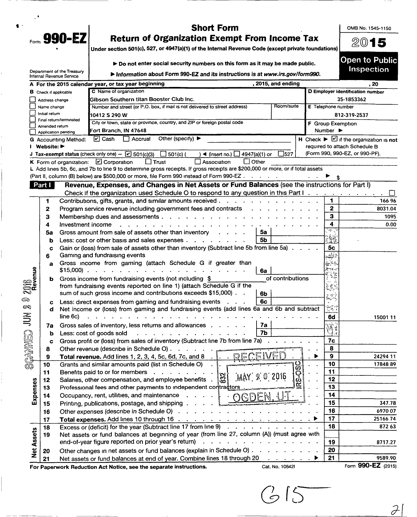 Image of first page of 2015 Form 990EZ for Gibson Southern Titan Boosters