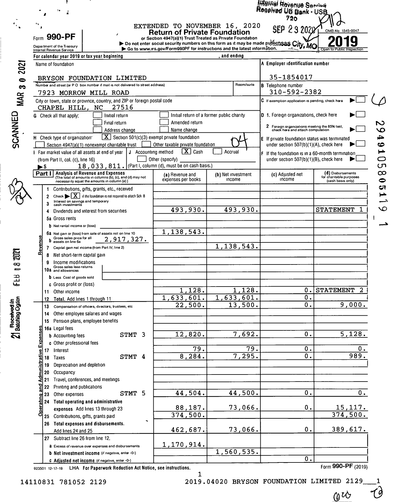 Image of first page of 2019 Form 990PF for Bryson Foundation Limited