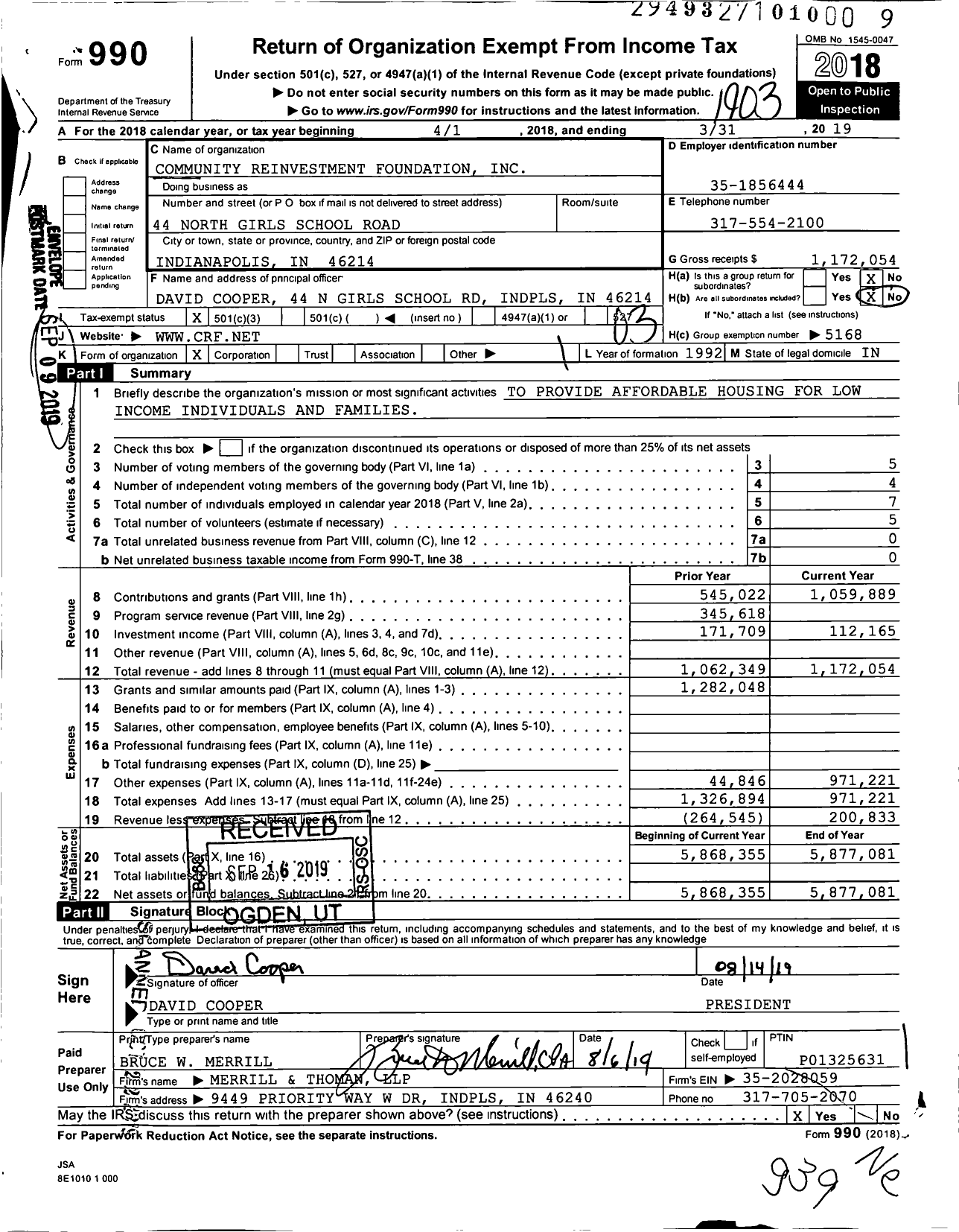 Image of first page of 2018 Form 990 for Community Reinvestment Foundation