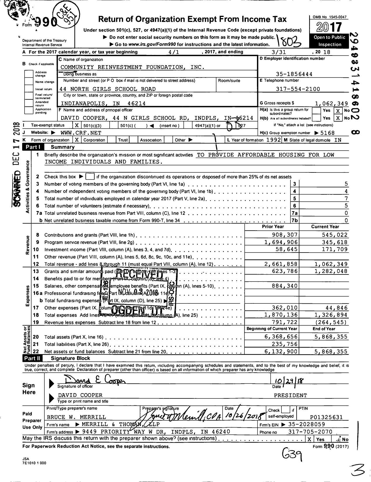 Image of first page of 2017 Form 990 for Community Reinvestment Foundation