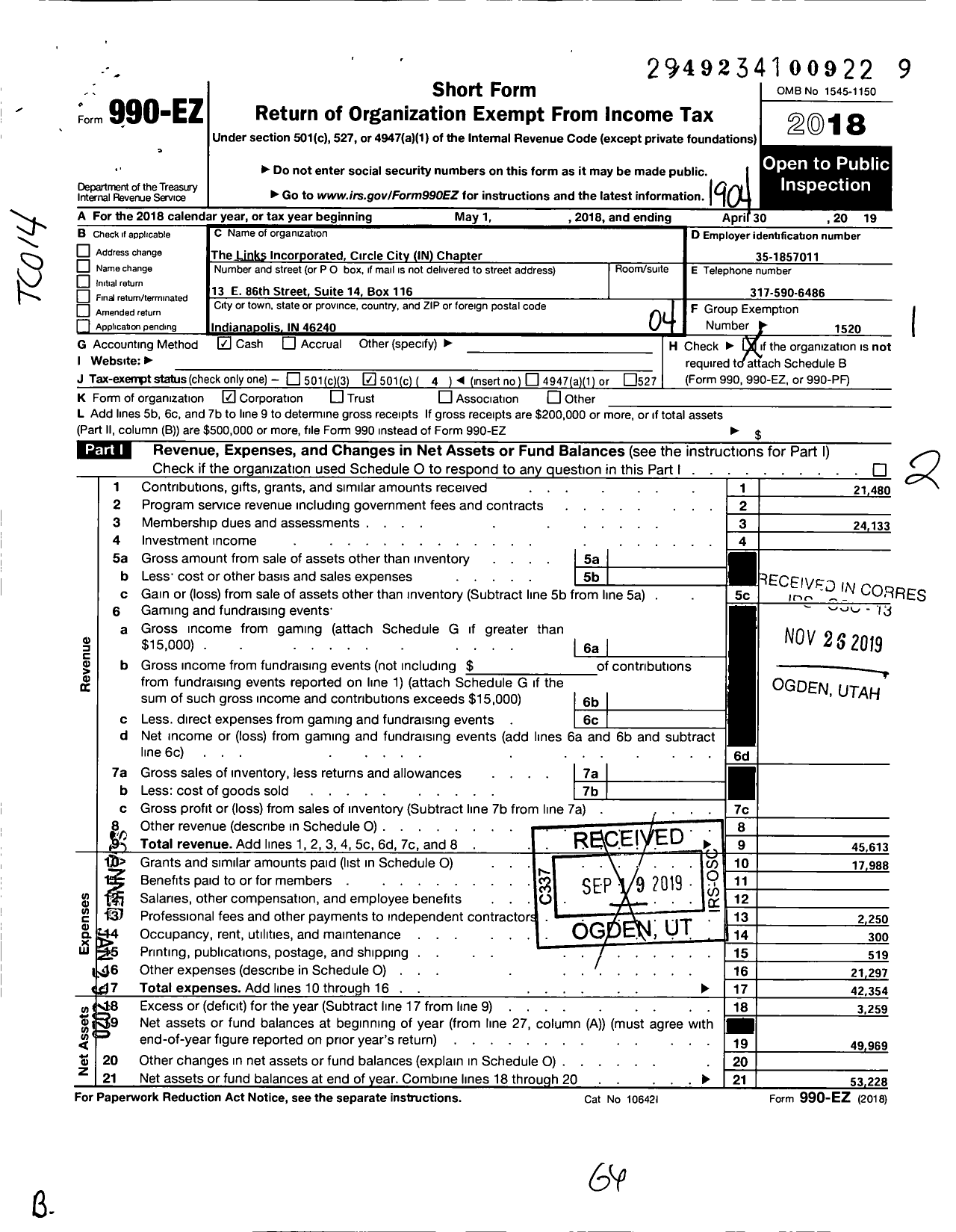 Image of first page of 2018 Form 990EO for Links Incorporated Circle City IN Chapter