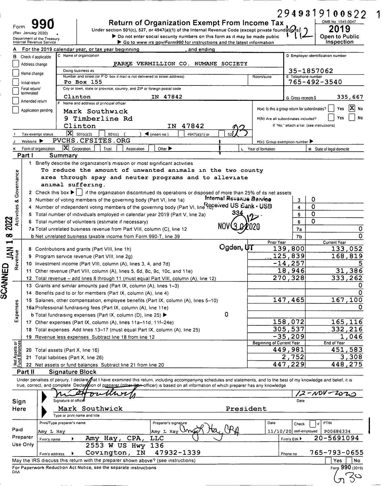 Image of first page of 2019 Form 990 for Parke Vermillion Humane Society