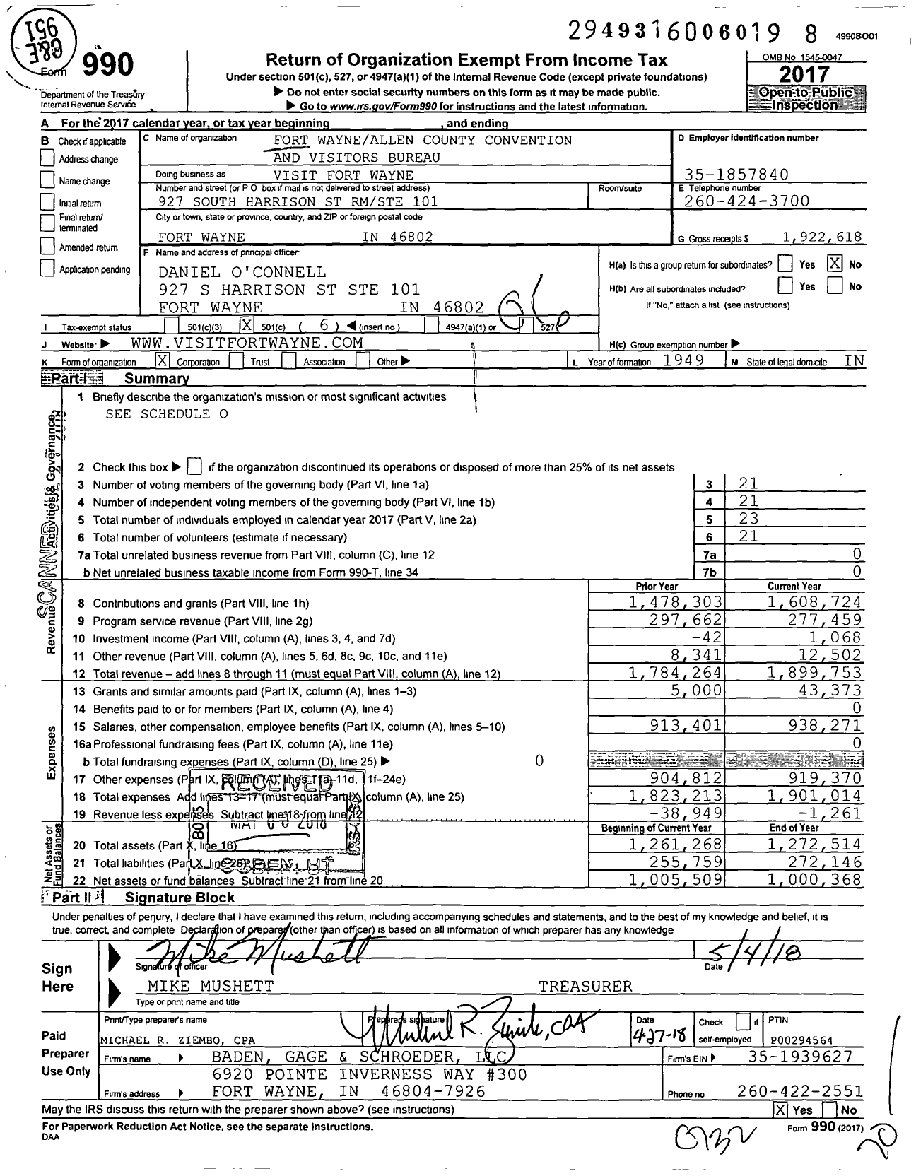 Image of first page of 2017 Form 990O for Visit Fort Wayne
