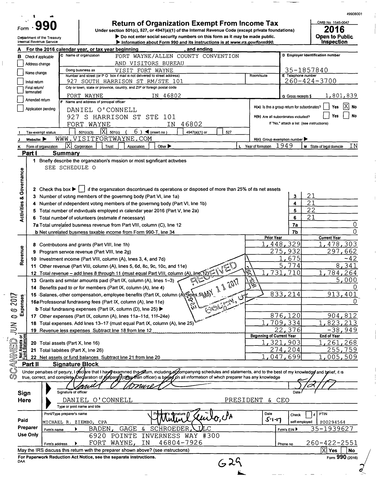 Image of first page of 2016 Form 990O for Visit Fort Wayne