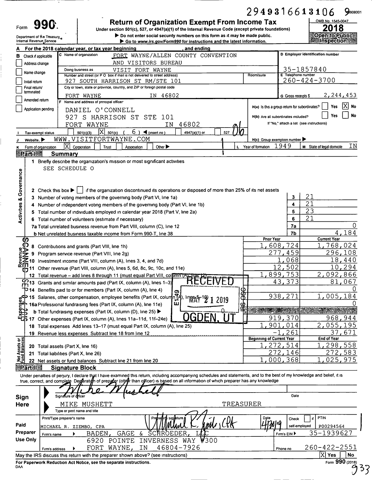Image of first page of 2018 Form 990O for Visit Fort Wayne