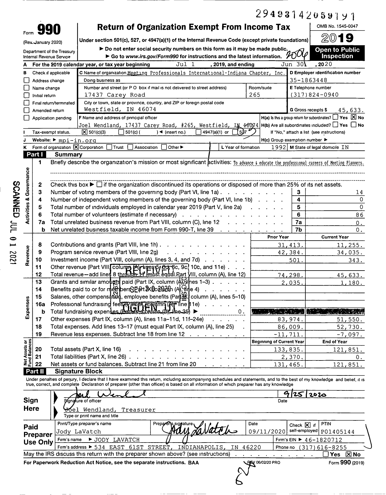 Image of first page of 2019 Form 990 for Meeting Professionals International Indiana Chapter