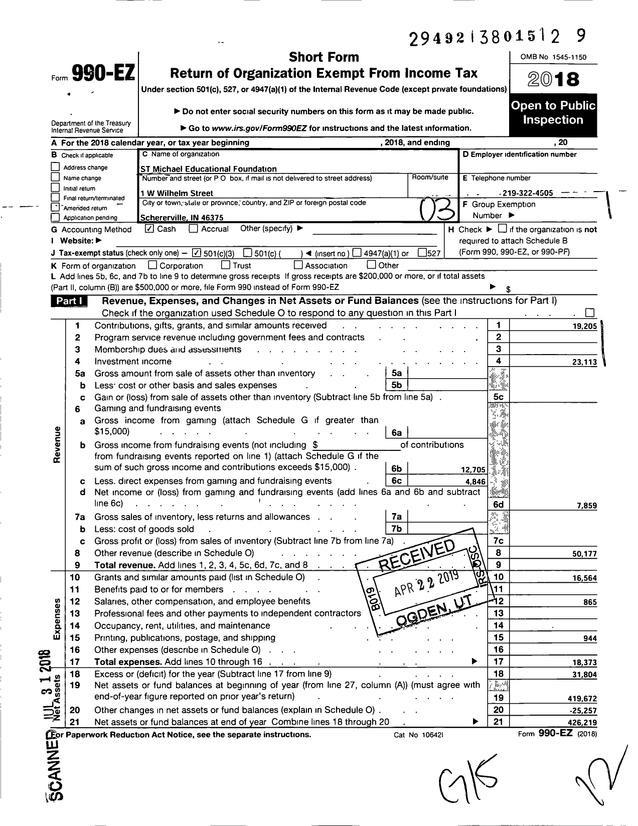 Image of first page of 2018 Form 990 for St Michael Educational Foundation