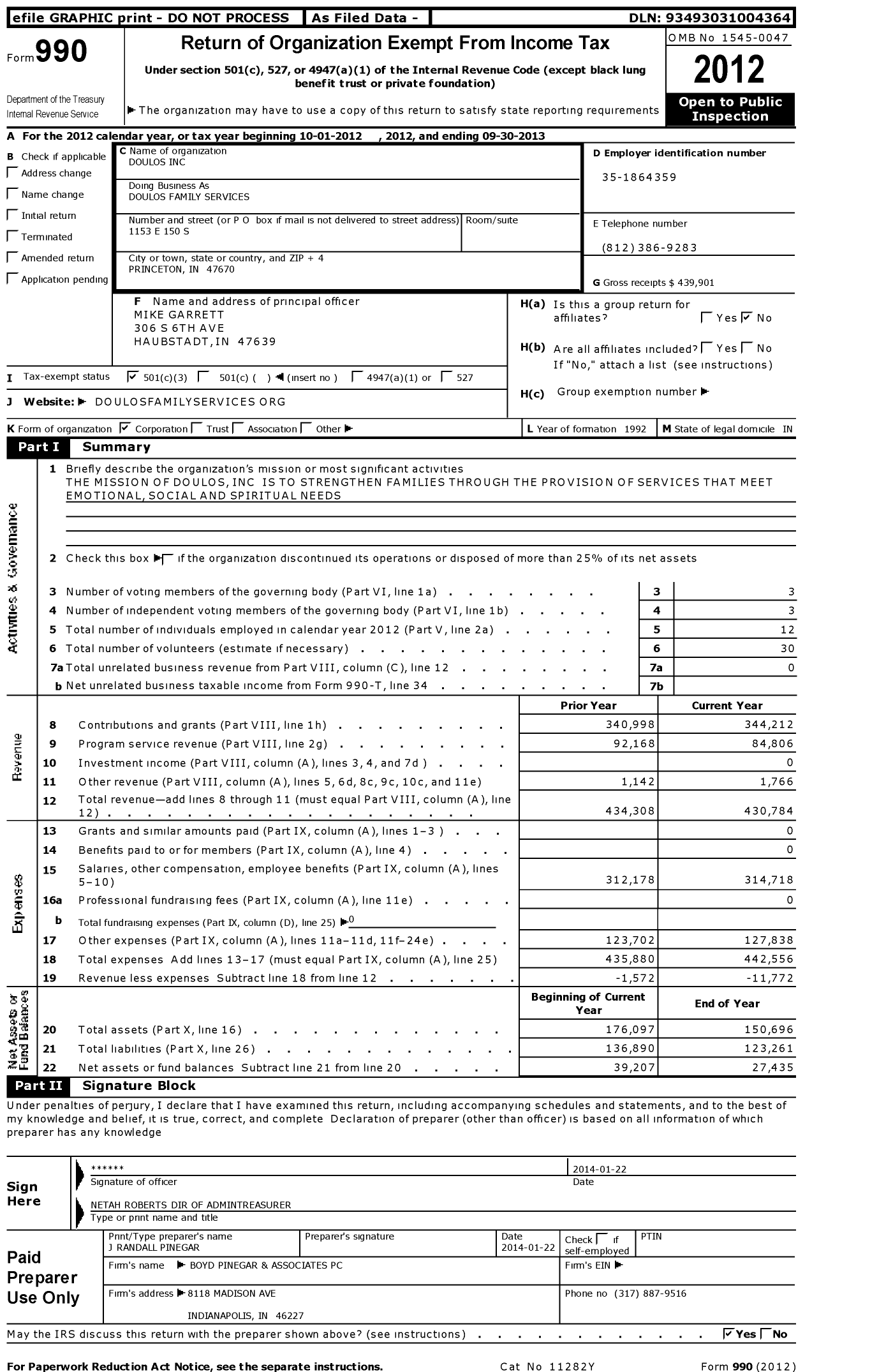 Image of first page of 2012 Form 990 for Doulos