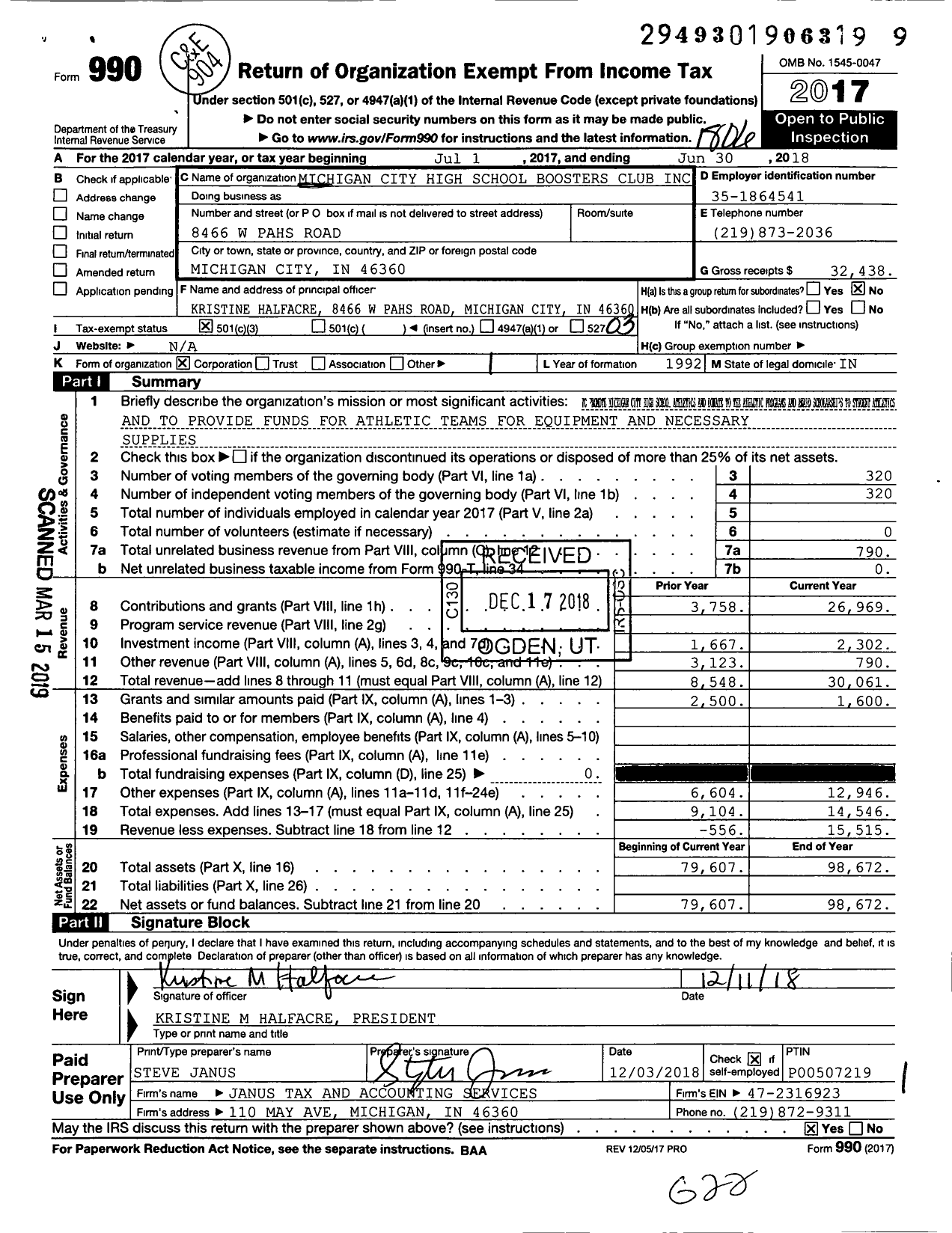 Image of first page of 2017 Form 990 for Michigan City High School Athletic Boosters Club