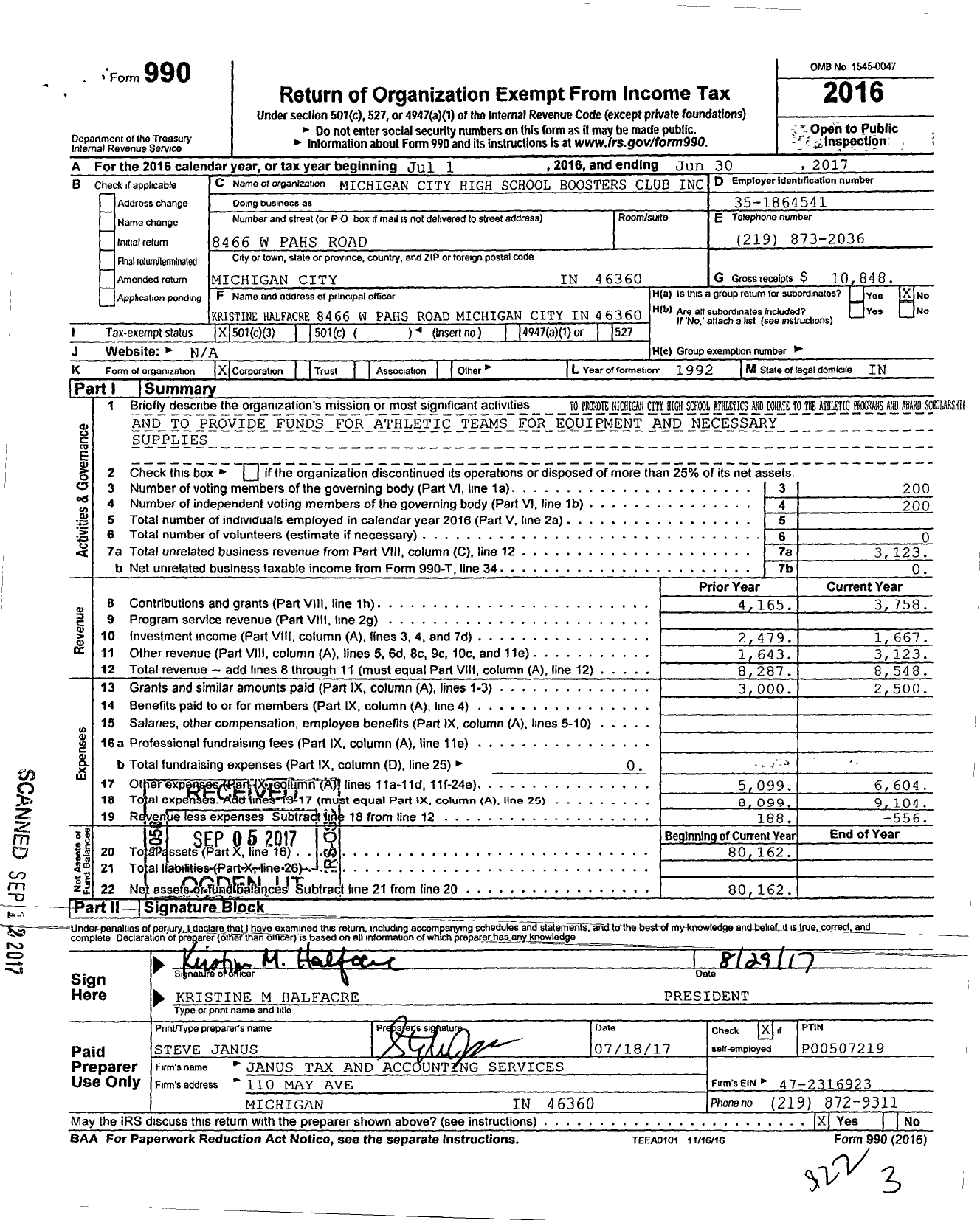 Image of first page of 2016 Form 990 for Michigan City High School Athletic Boosters Club
