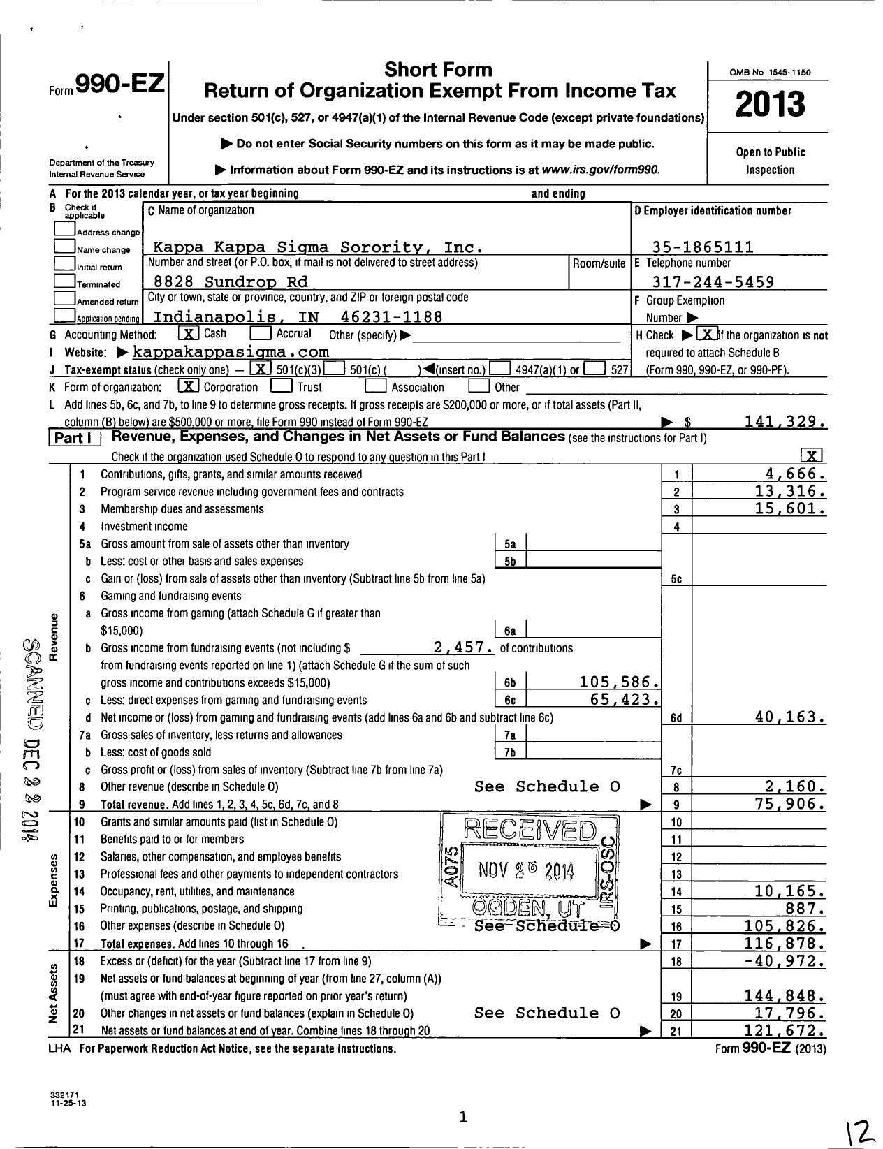 Image of first page of 2013 Form 990EZ for Kappa Kappa Sigma Sorority-Grand Council