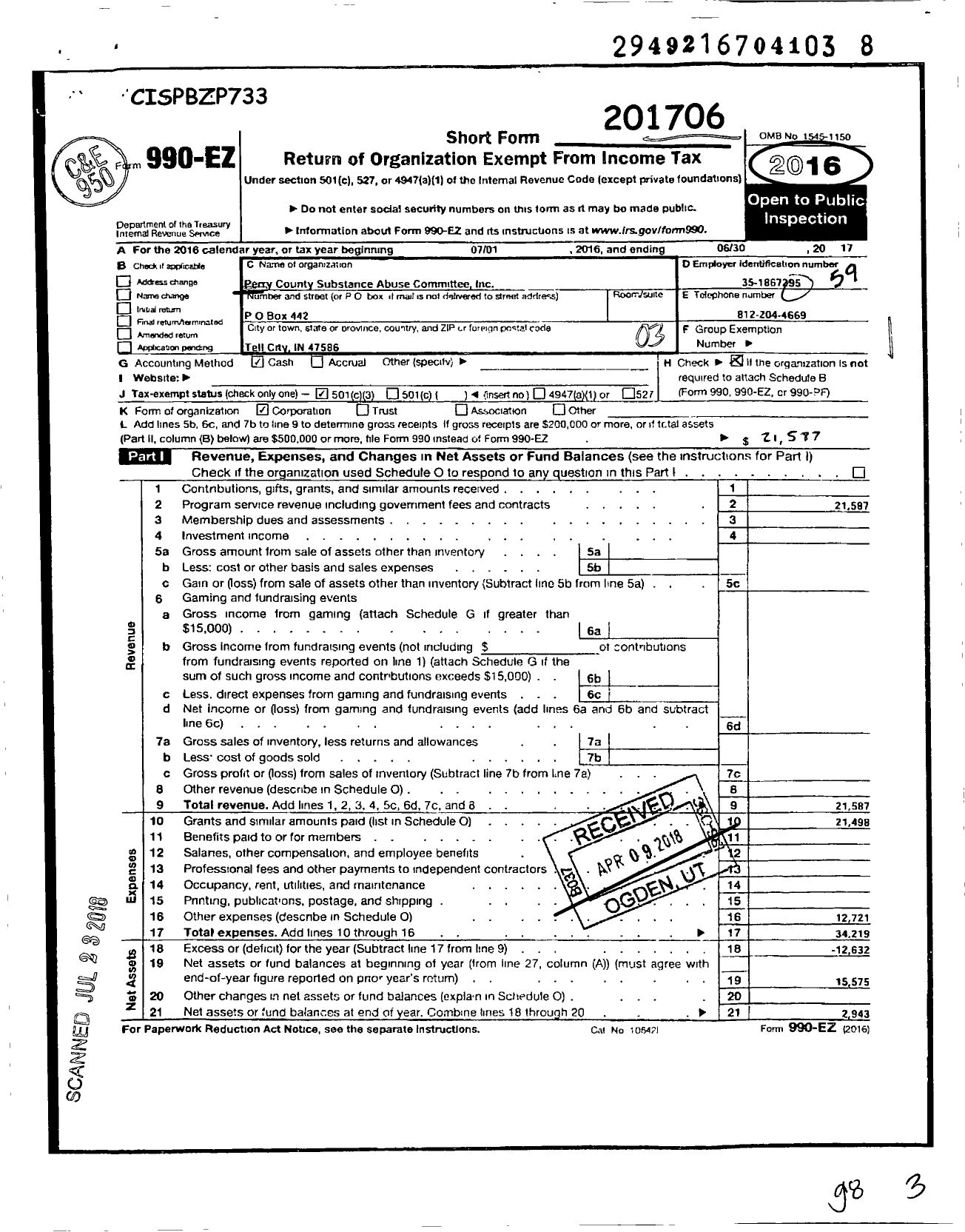 Image of first page of 2016 Form 990EZ for Perry County Substance Abuse Committee Incorporated