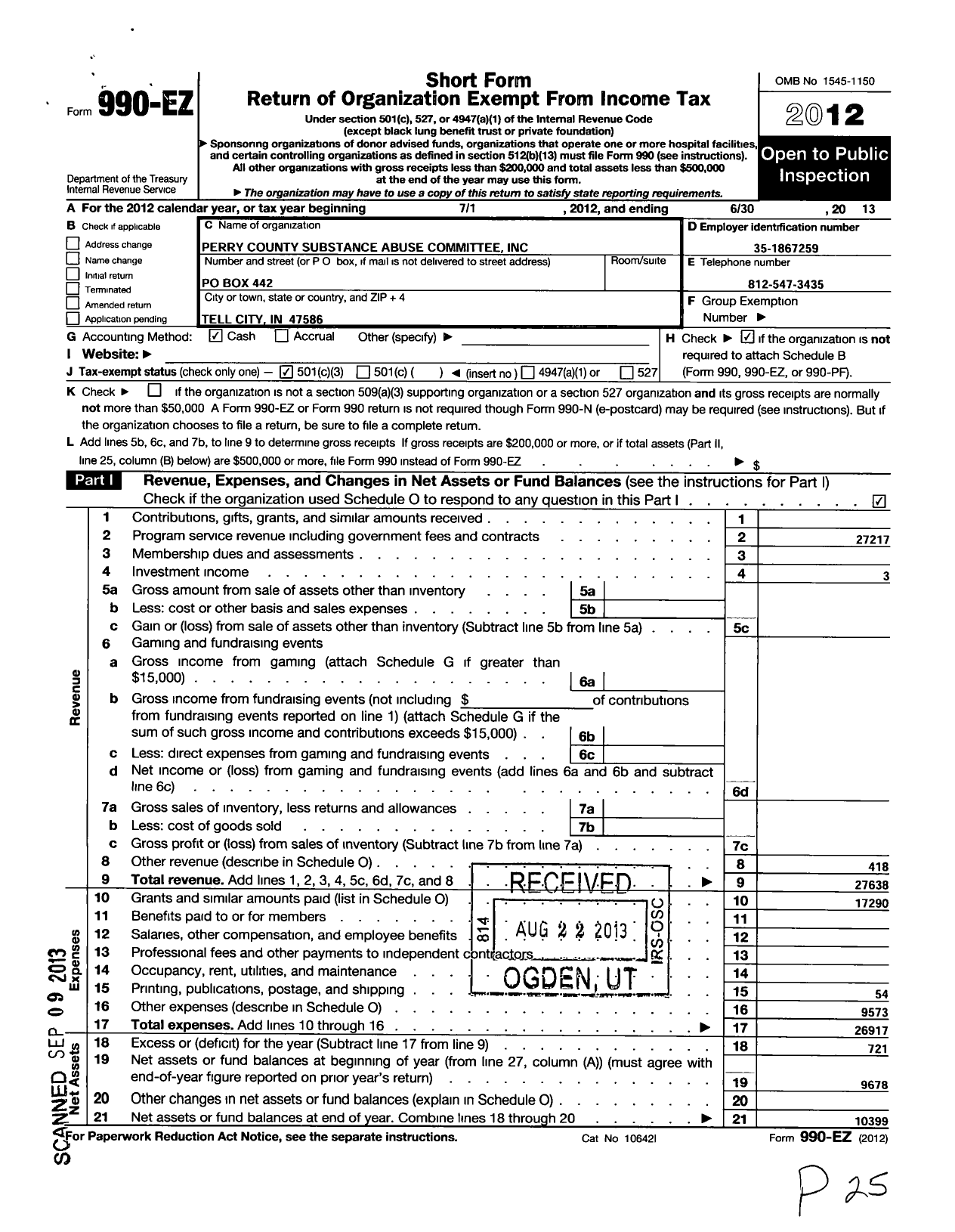 Image of first page of 2012 Form 990EZ for Perry County Substance Abuse Committee Incorporated