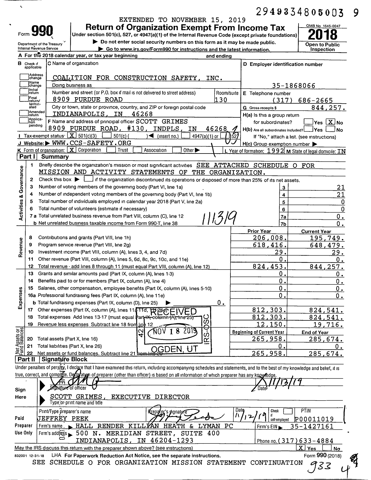 Image of first page of 2018 Form 990 for Coalition for Construction Safety
