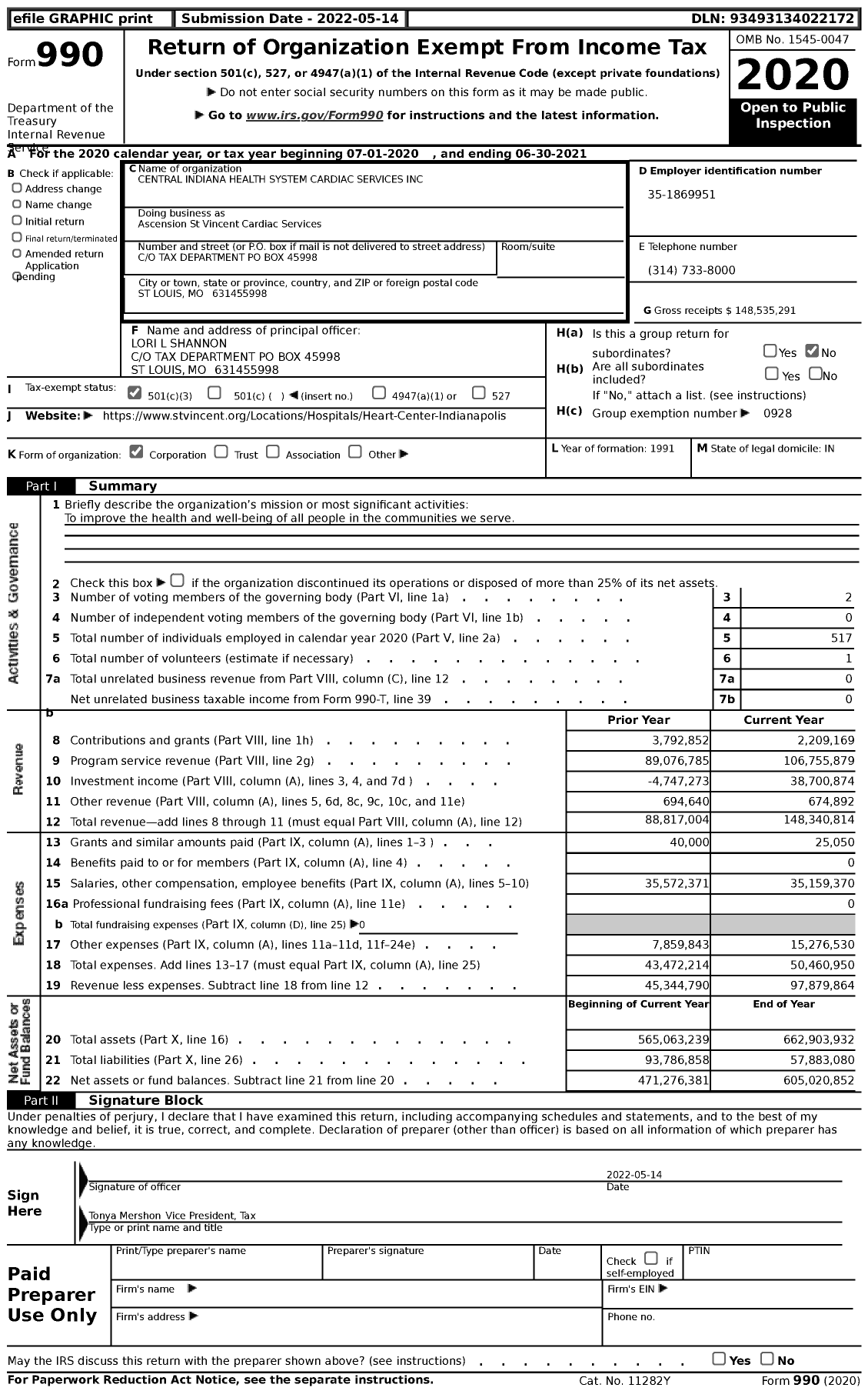 Image of first page of 2020 Form 990 for Ascension St Vincent Cardiac Services