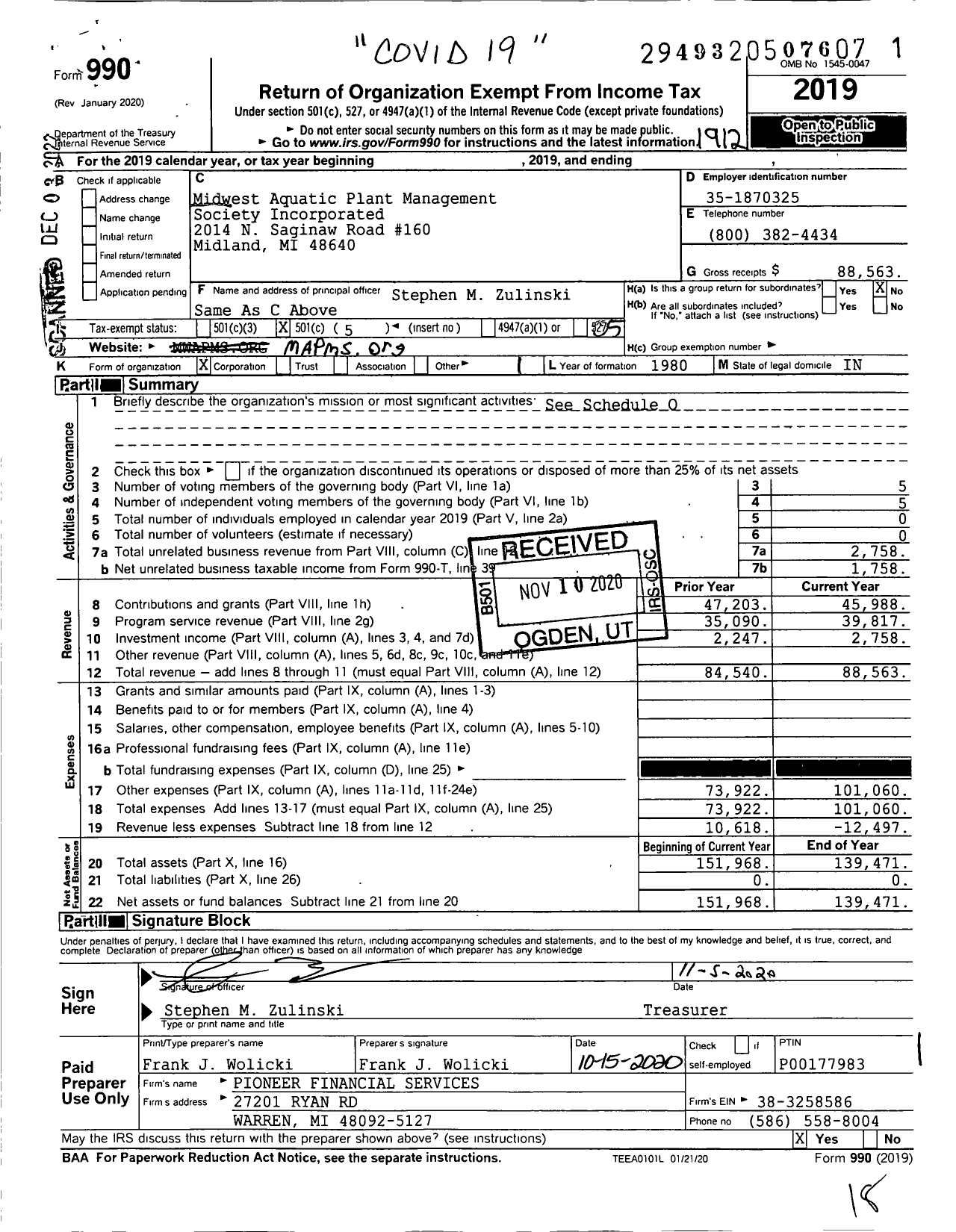 Image of first page of 2019 Form 990O for Midwest Aquatic Plant Management Society Incorporated