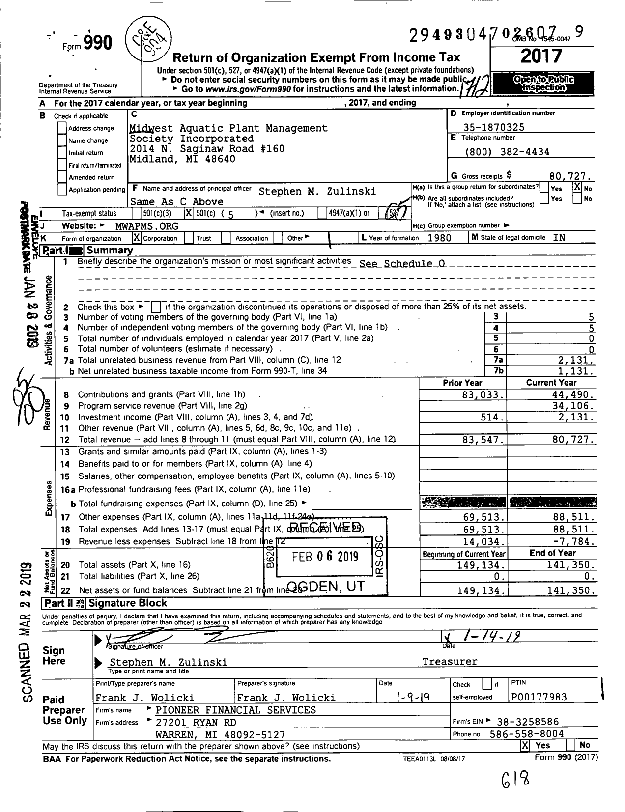 Image of first page of 2017 Form 990O for Midwest Aquatic Plant Management Society Incorporated