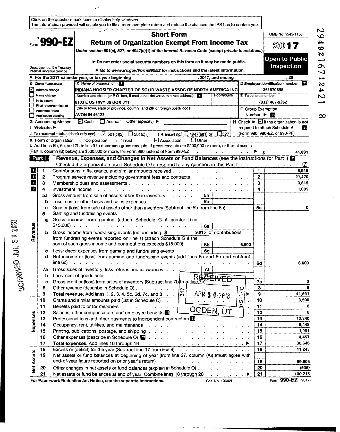 Image of first page of 2017 Form 990EZ for Solid Waste Association of North America / Indiana Hoosier Chapter