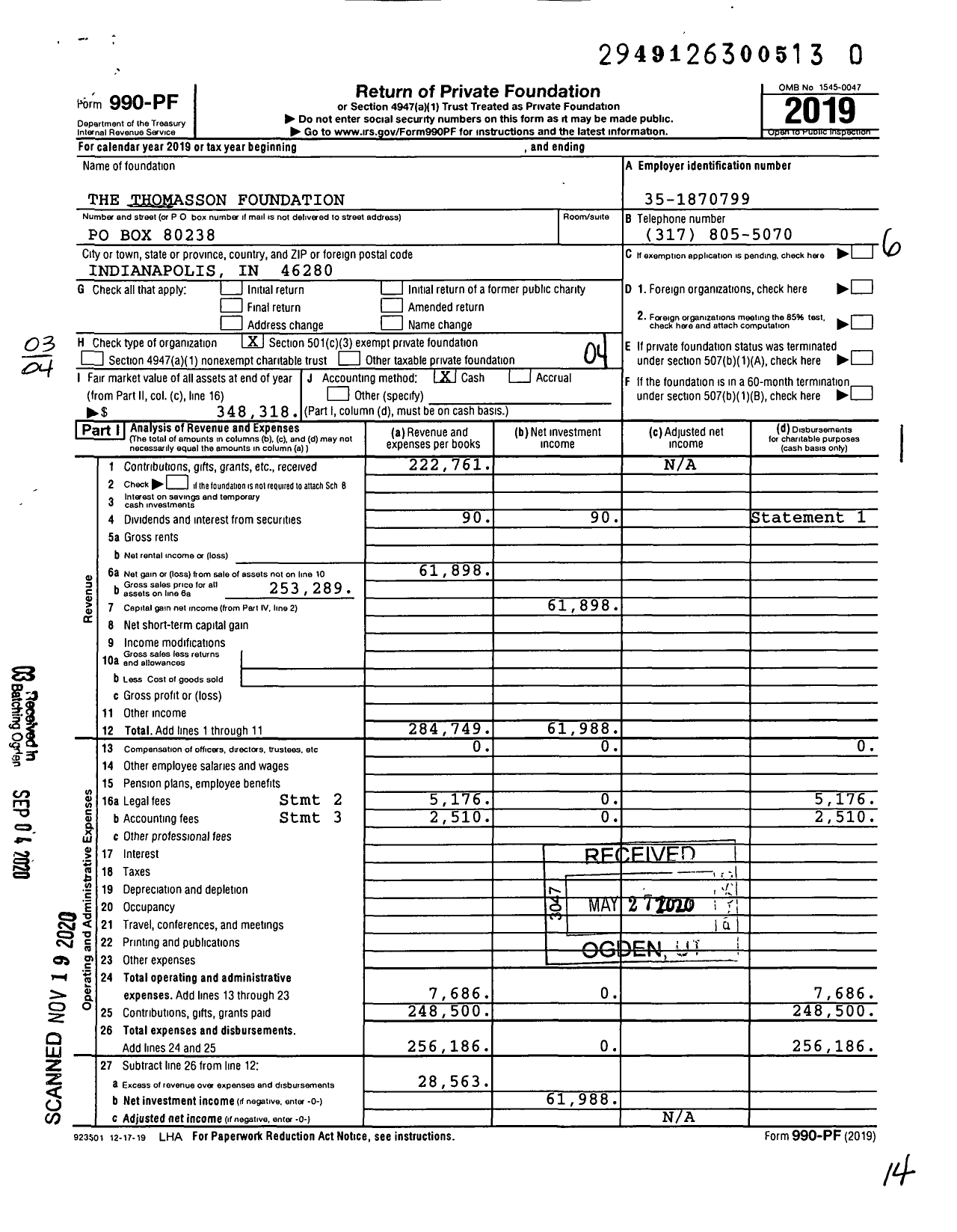 Image of first page of 2019 Form 990PF for The Thomasson Foundation