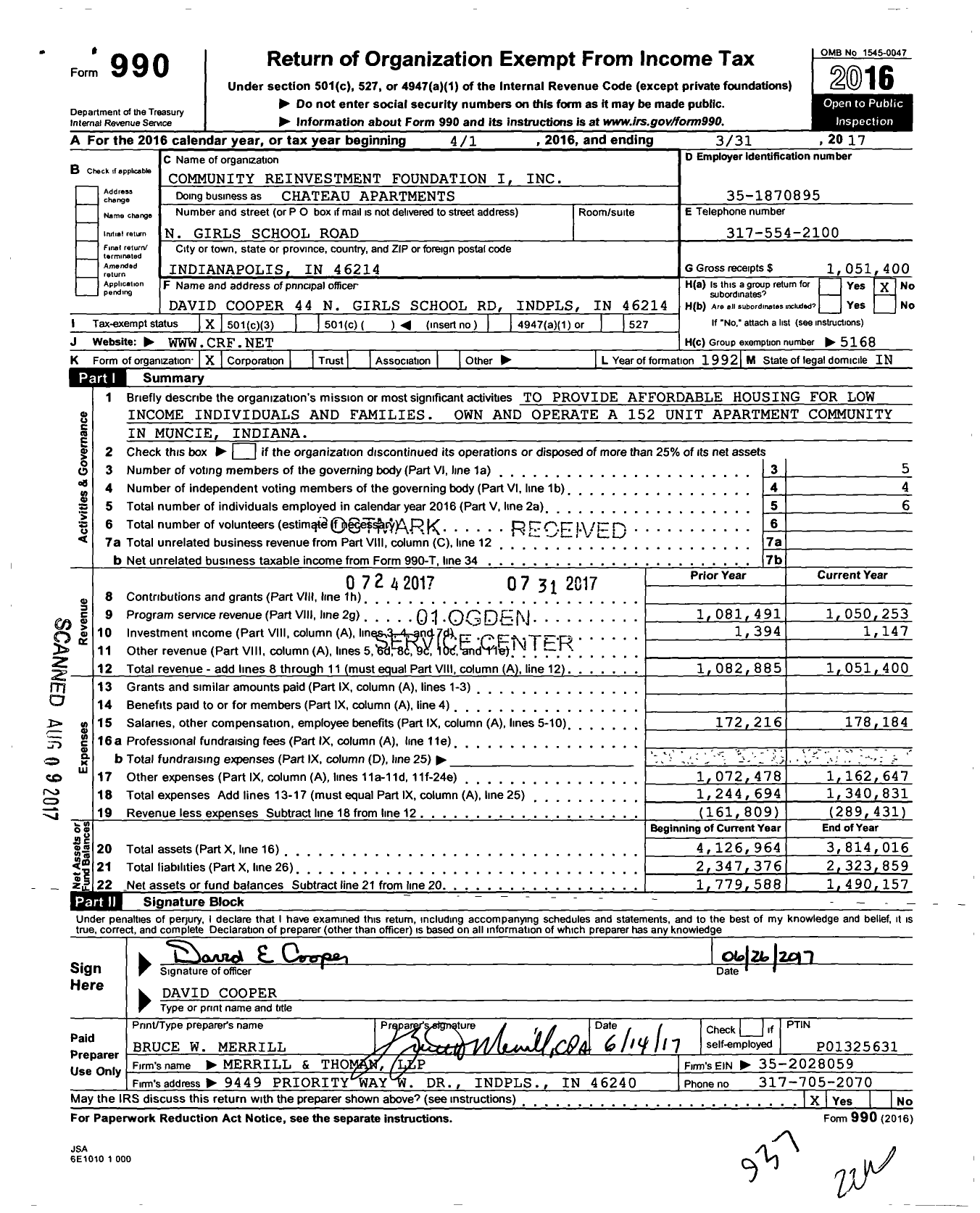 Image of first page of 2016 Form 990 for Chateau Apartments