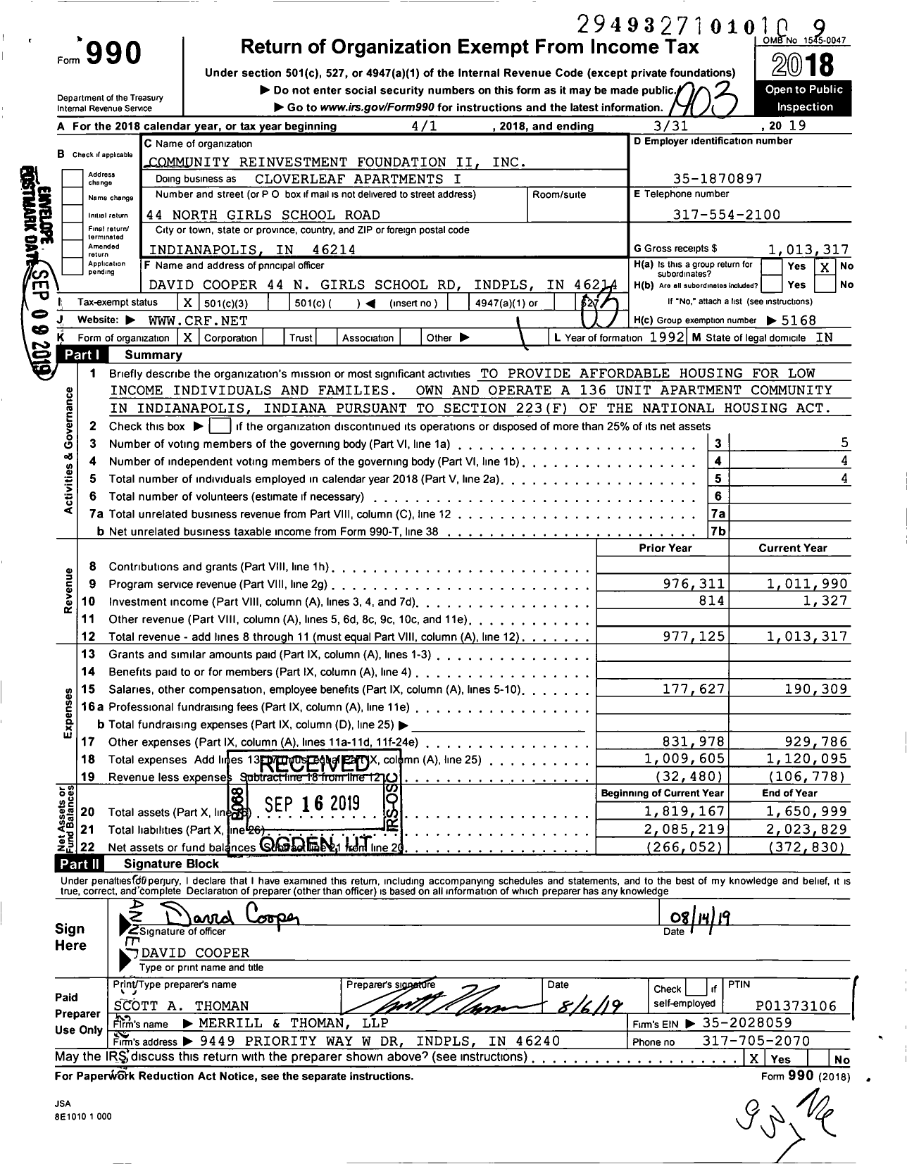 Image of first page of 2018 Form 990 for Cloverleaf Apartments