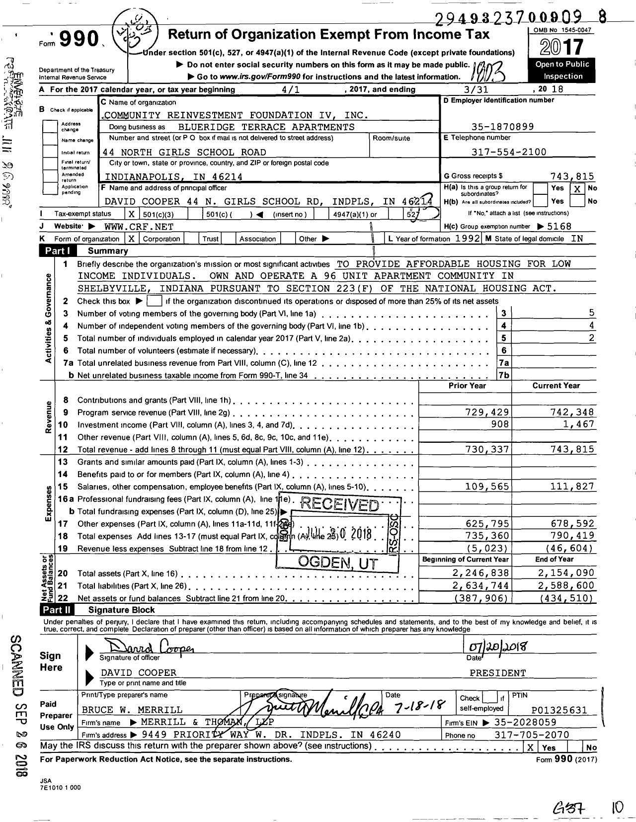 Image of first page of 2017 Form 990 for Blueridge Terrace Apartments